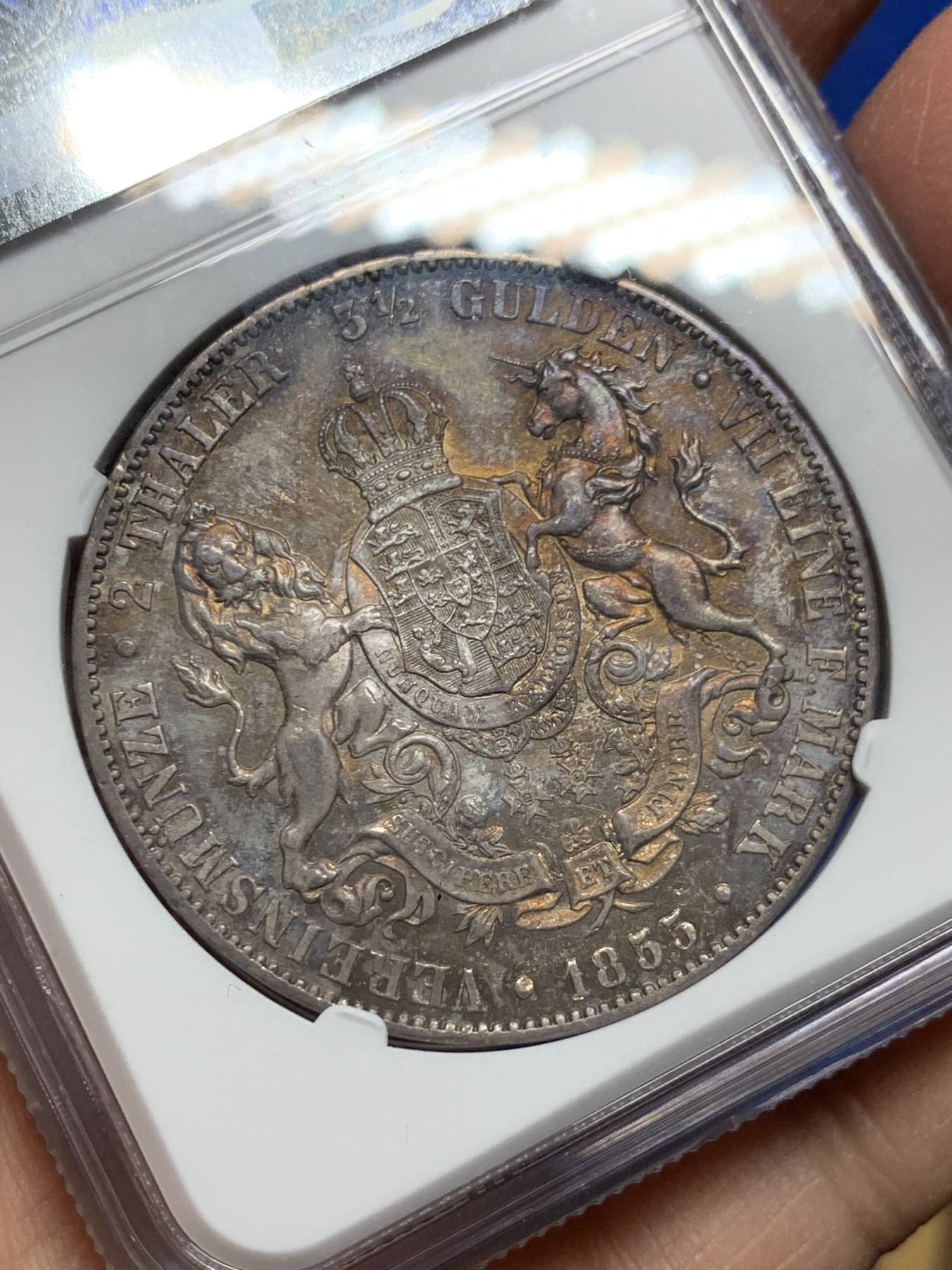 《竞宝斋》第240场-周日，周一 年终尾场 (全场包邮) NGC-UNC 德国1855年汉诺威2泰勒大银币 双狮清晰包浆极美 性价比好