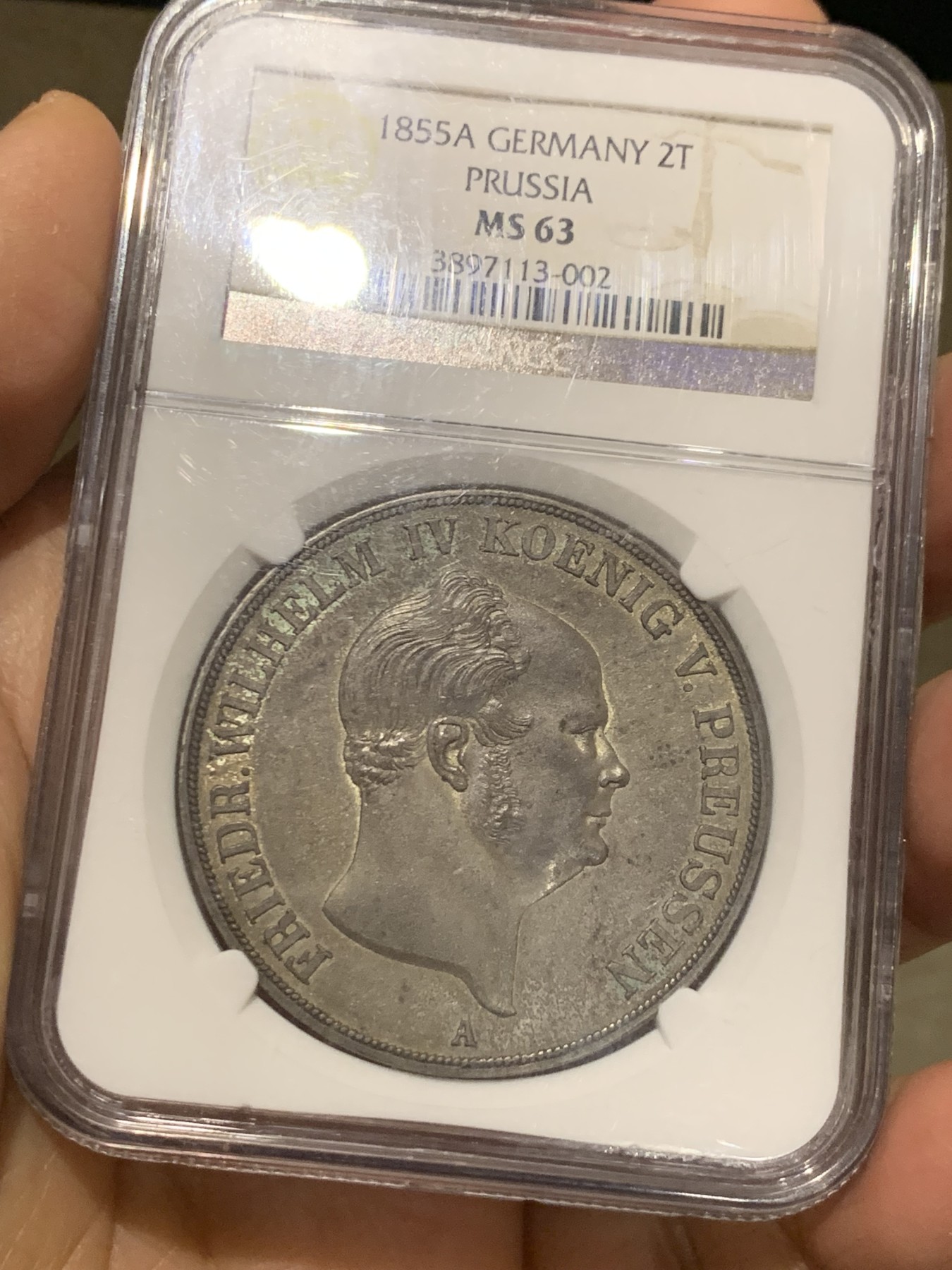 《竞宝斋》第240场-周日，周一 年终尾场 (全场包邮) NGC MS63 德国1855普鲁士 洋葱头 2泰勒大窗帘银币 老盒封装双面深彩 均匀的灰绿包浆 难得状态