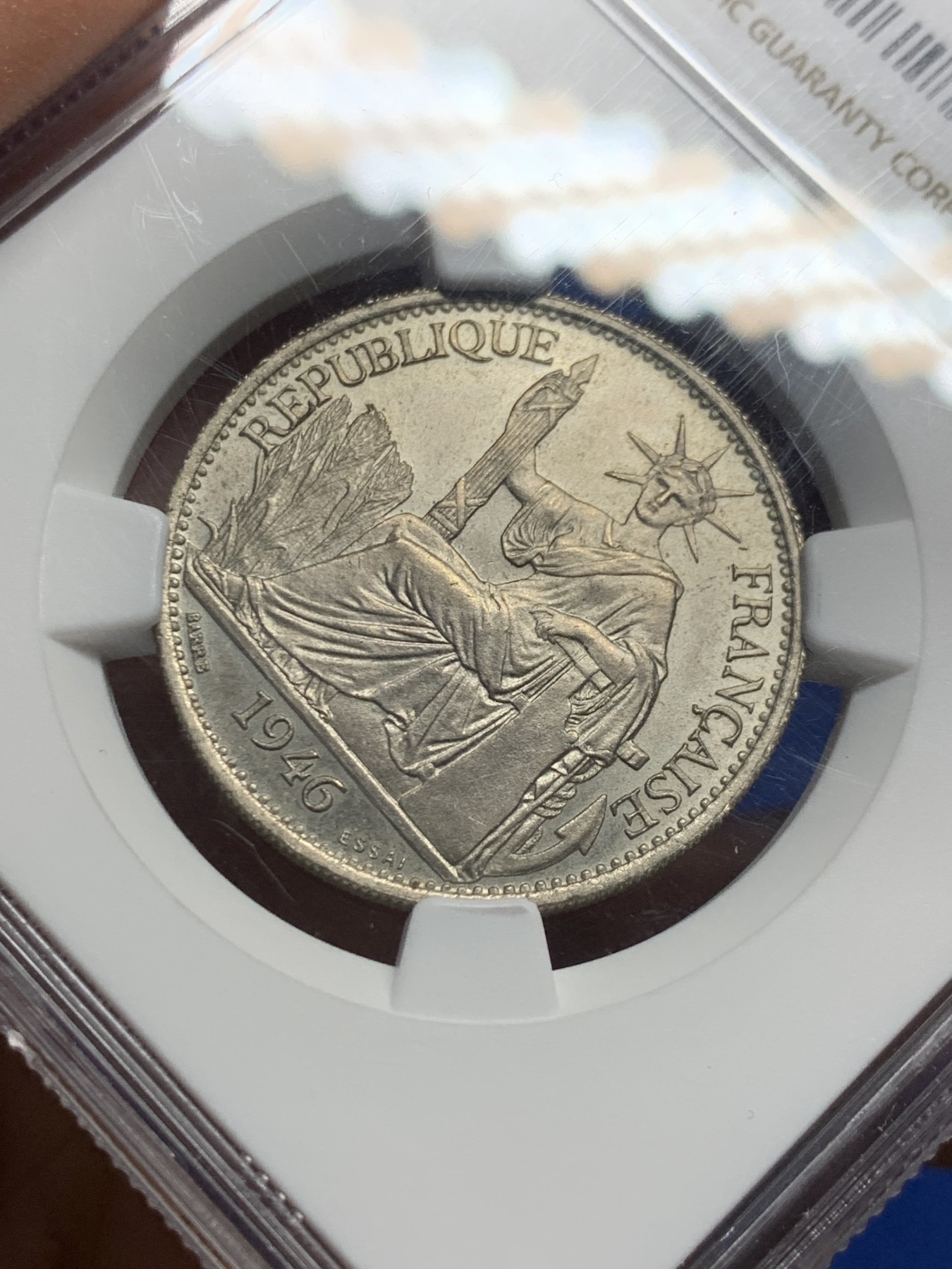 《竞宝斋》第240场-周日，周一 年终尾场 (全场包邮) NGC SP65 收藏级高分季军分 1946年法属印支坐洋50分镍质样币ESSAI签字版胜利女神，顶级品相，总发行量1100枚，属于座洋大珍名誉品。