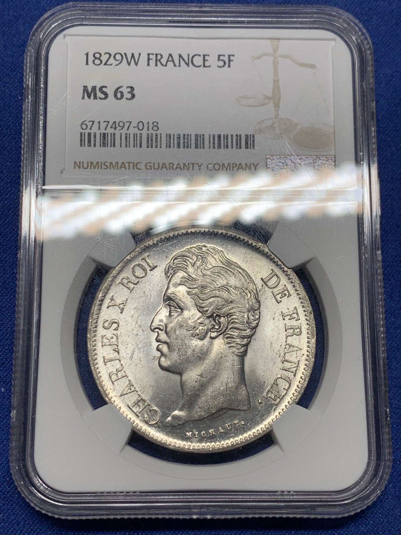 《竞宝斋》第240场-周日，周一 年终尾场 (全场包邮) NGC MS63 唯一亚军分 法国1829查理十世5法郎银币 W厂里尔铸造 原光好品未流通 十字转光凝霜感，深打制状态无敌，字口锋利