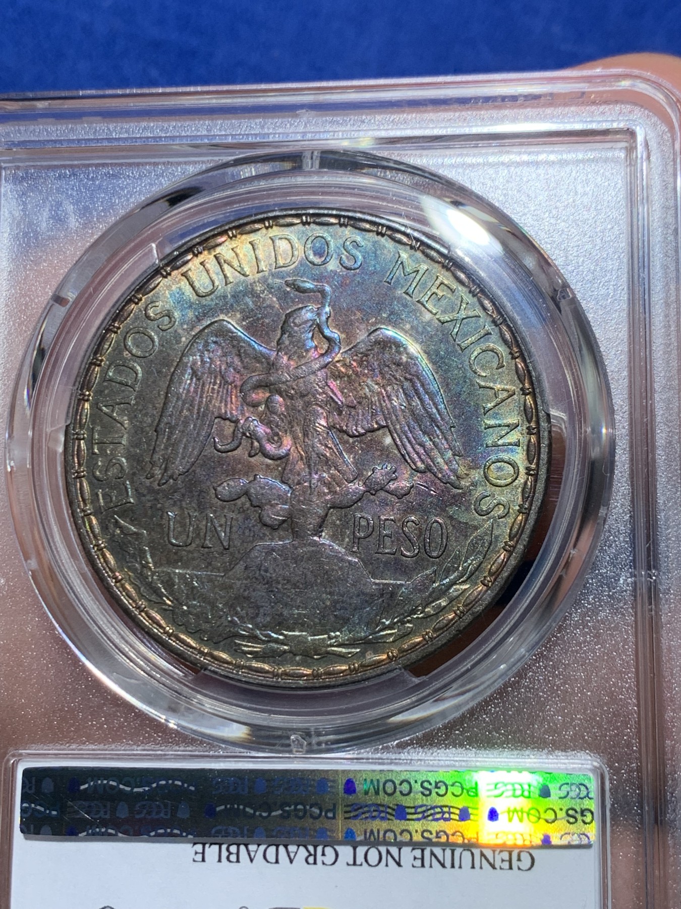 《竞宝斋》第240场-周日，周一 年终尾场 (全场包邮) PCGS UNC 墨西哥1910年骑马鹰洋大银，热门上涨品种，64分成交价近万。绝美炫彩紫金包浆，女神骏马细节出色，性价比极佳的一颗。