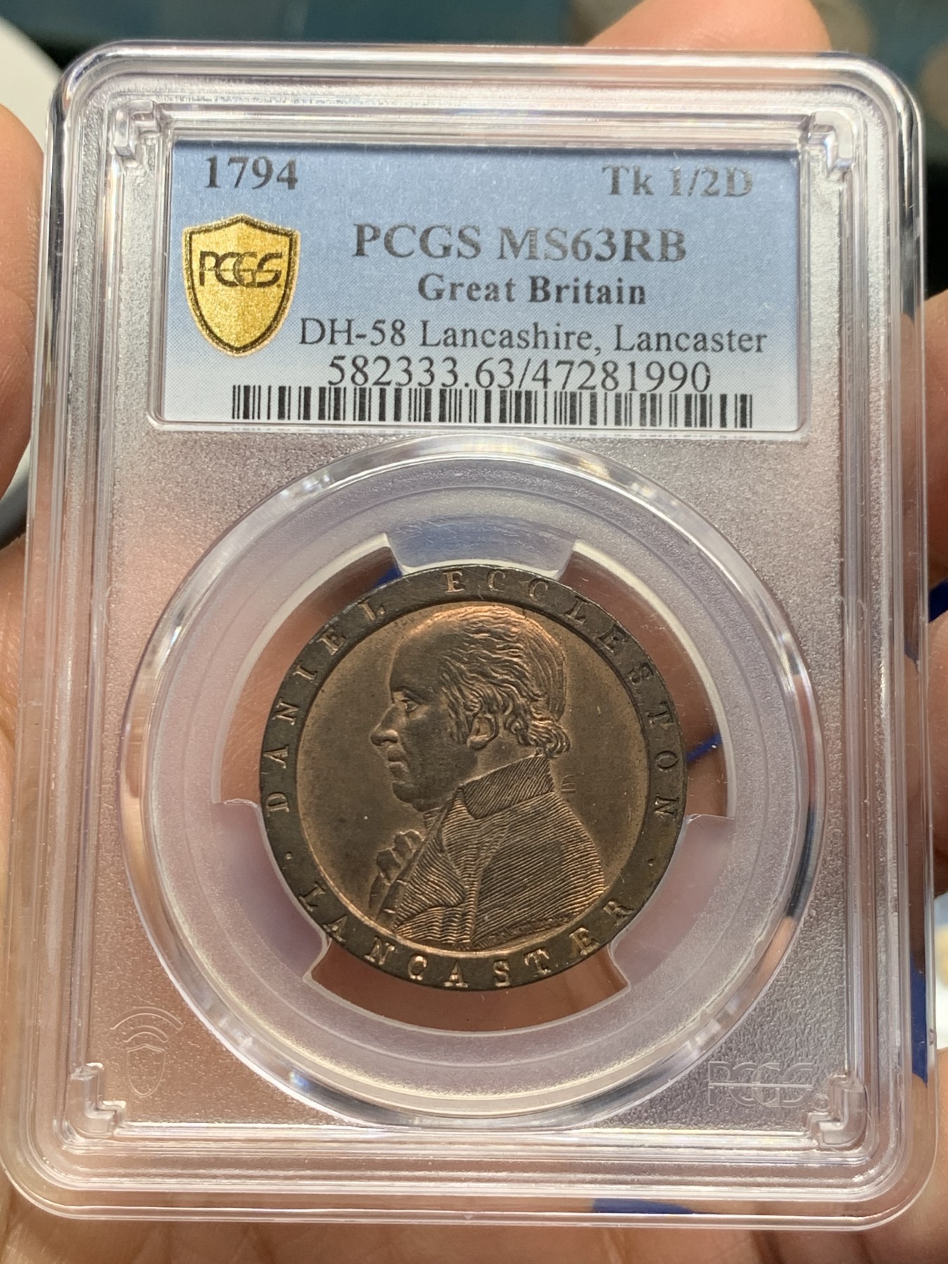 《竞宝斋》第240场-周日，周一 年终尾场 (全场包邮) PCGS MS63RB 英国1794年兰开斯特半便士铜代币 Conder Token，底板镜面效果明显，RB状态原铜光，少见状态。SOHO厂制作，大车轮便士技术鼻祖，最早采用宽边铭技术的钱币，麦稀奇63分成交含佣￥1981