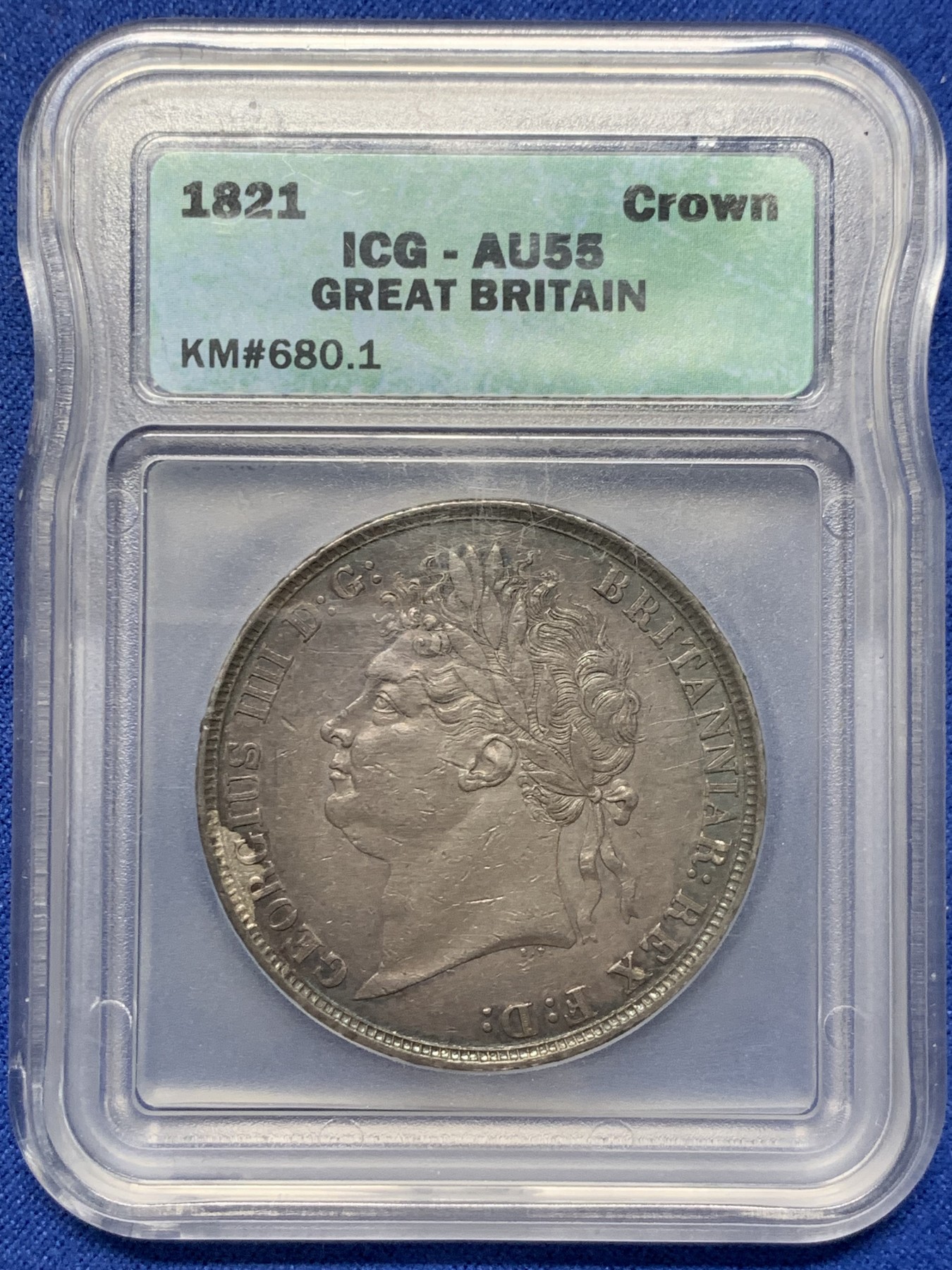 《竞宝斋》第240场-周日，周一 年终尾场 (全场包邮) ICG AU55 英国1821年马剑银币，淡蓝包浆超级状态