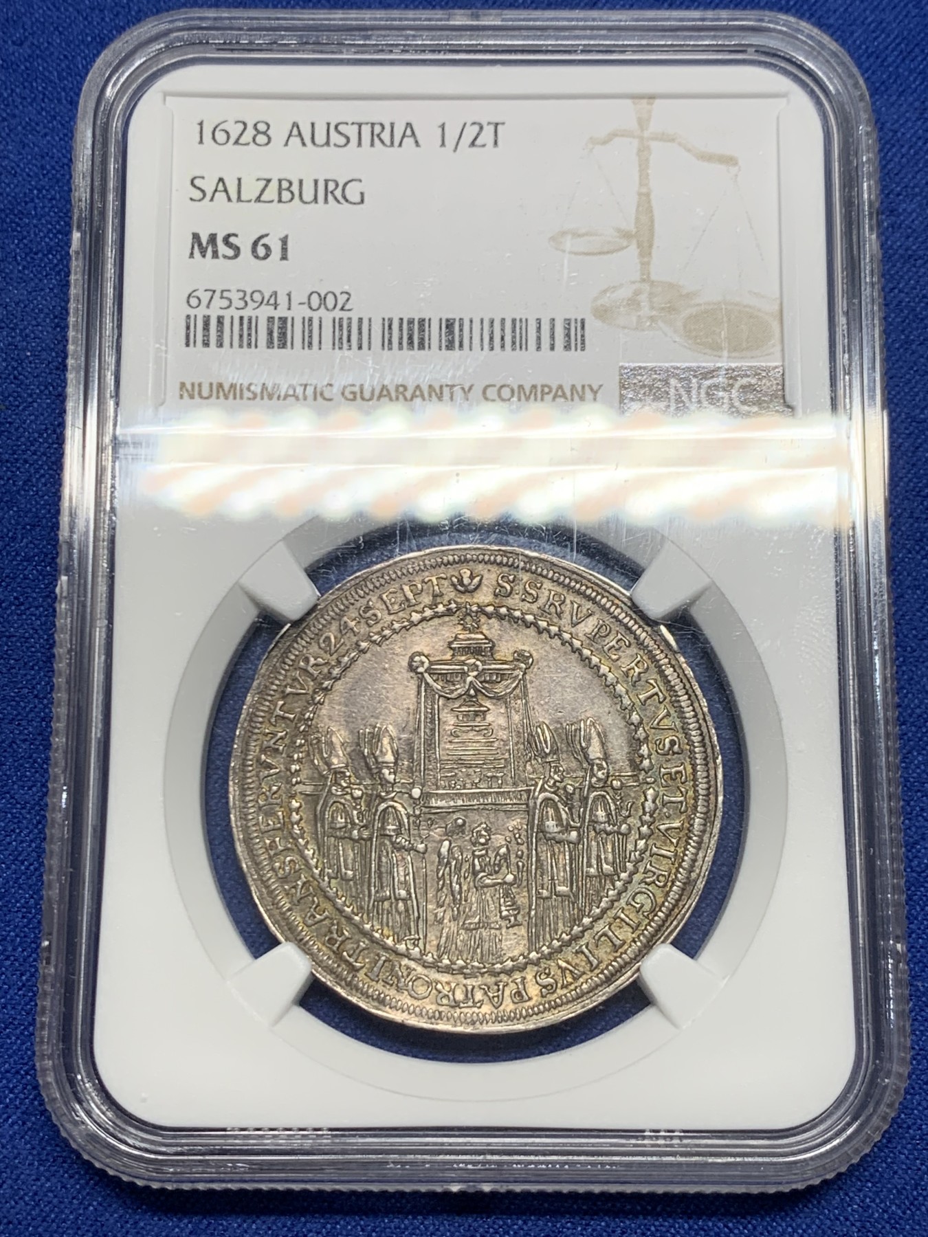 《竞宝斋》第240场-周日，周一 年终尾场 (全场包邮) NGC MS61 奥地利萨尔茨堡1628年萨尔茨堡大教堂落成纪念半泰勒银币 一年版