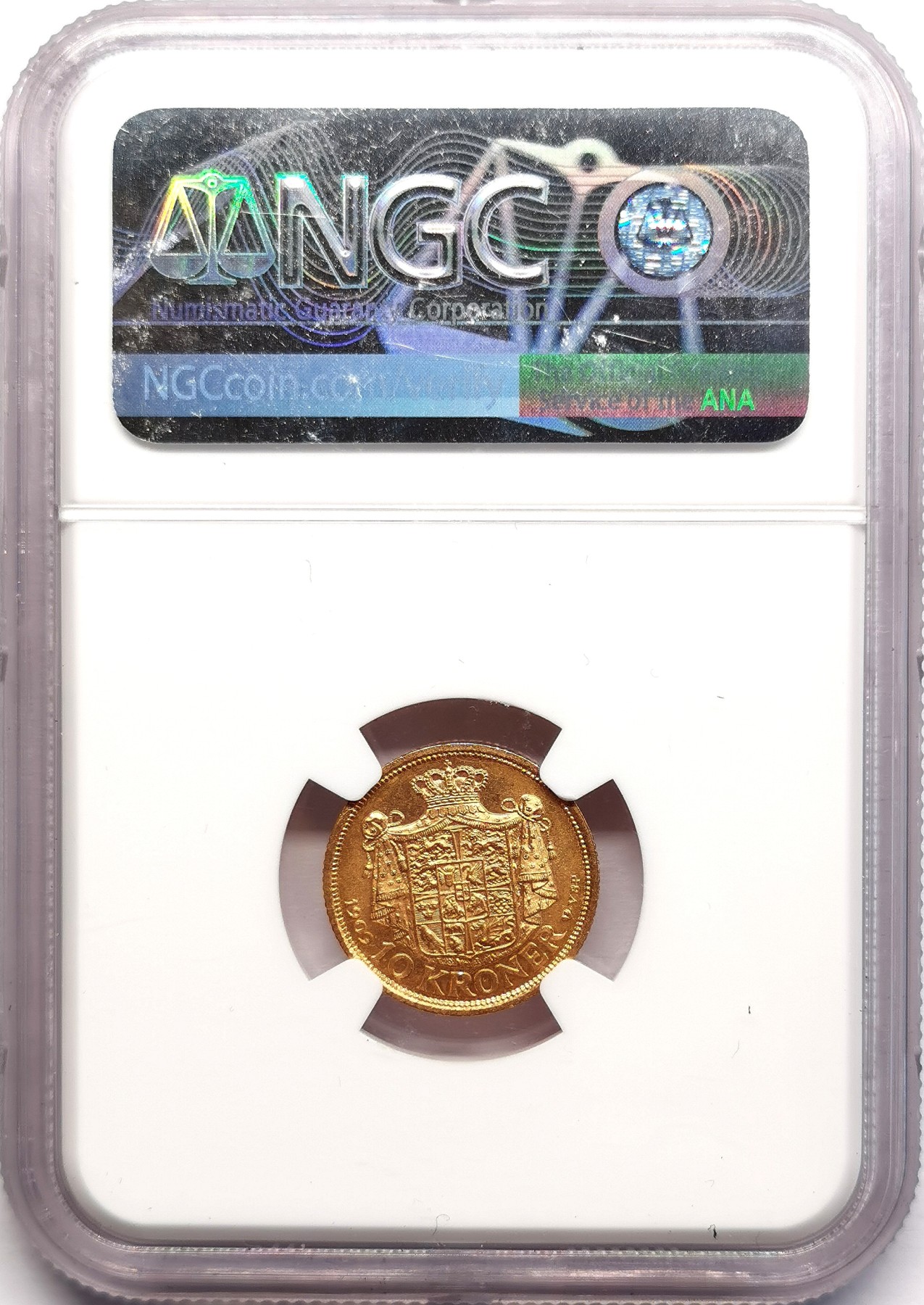 凡希社世界钱币微拍第二百六十期 1909丹麦弗里德里克八世10克朗金币NGC-MS64 4.48g,900金