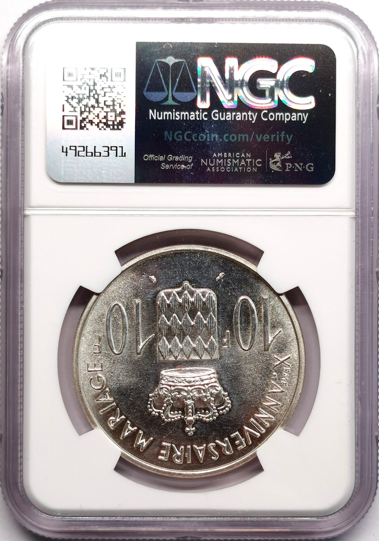 凡希社世界钱币微拍第二百六十期 1966摩纳哥国王伉俪10法郎银样币NGC-PF64