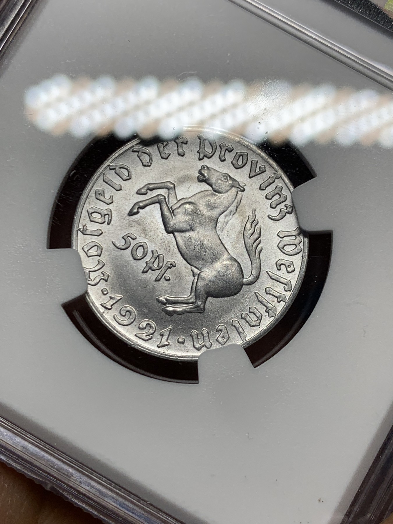 《竞宝斋》第240场-周日，周一 年终尾场 (全场包邮) NGC MS64 德国紧急状态硬币威斯特法伦1921年50芬尼马币，少见小面值，凑套必备