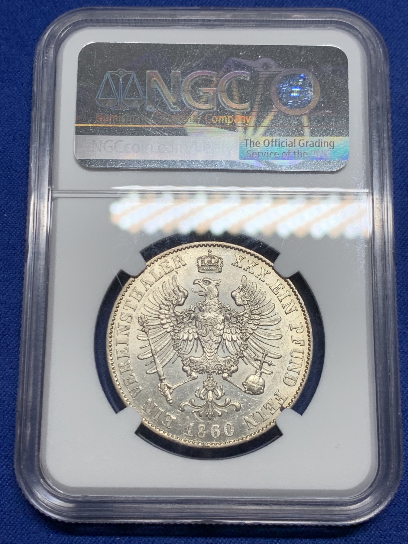 《竞宝斋》第240场-周日，周一 年终尾场 (全场包邮) NGC AUD 1860年德国普鲁士威廉四世洋葱头1泰勒银币，品相很好，细节见图