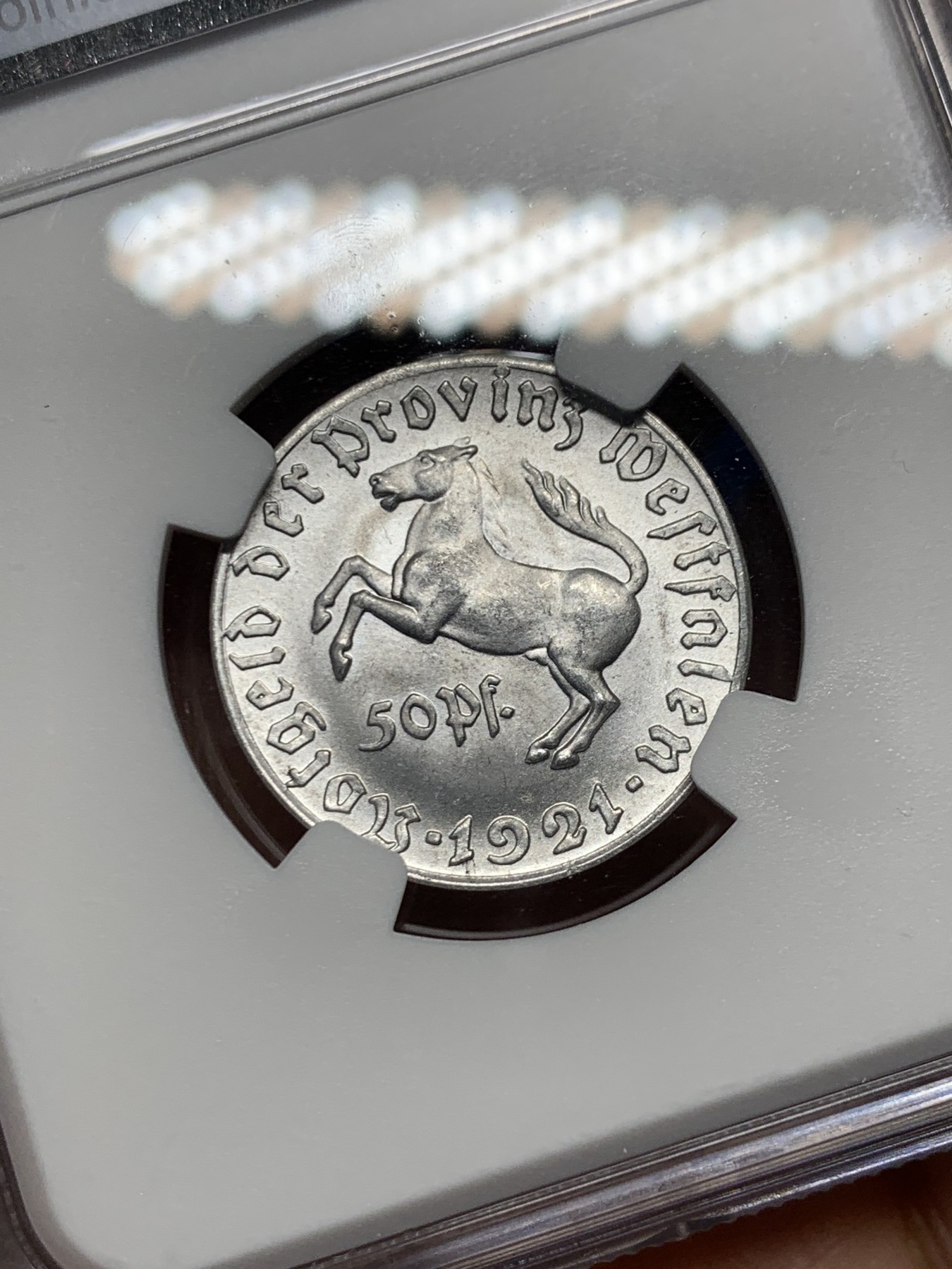 《竞宝斋》第240场-周日，周一 年终尾场 (全场包邮) NGC MS64 德国紧急状态硬币威斯特法伦1921年50芬尼马币，少见小面值，凑套必备