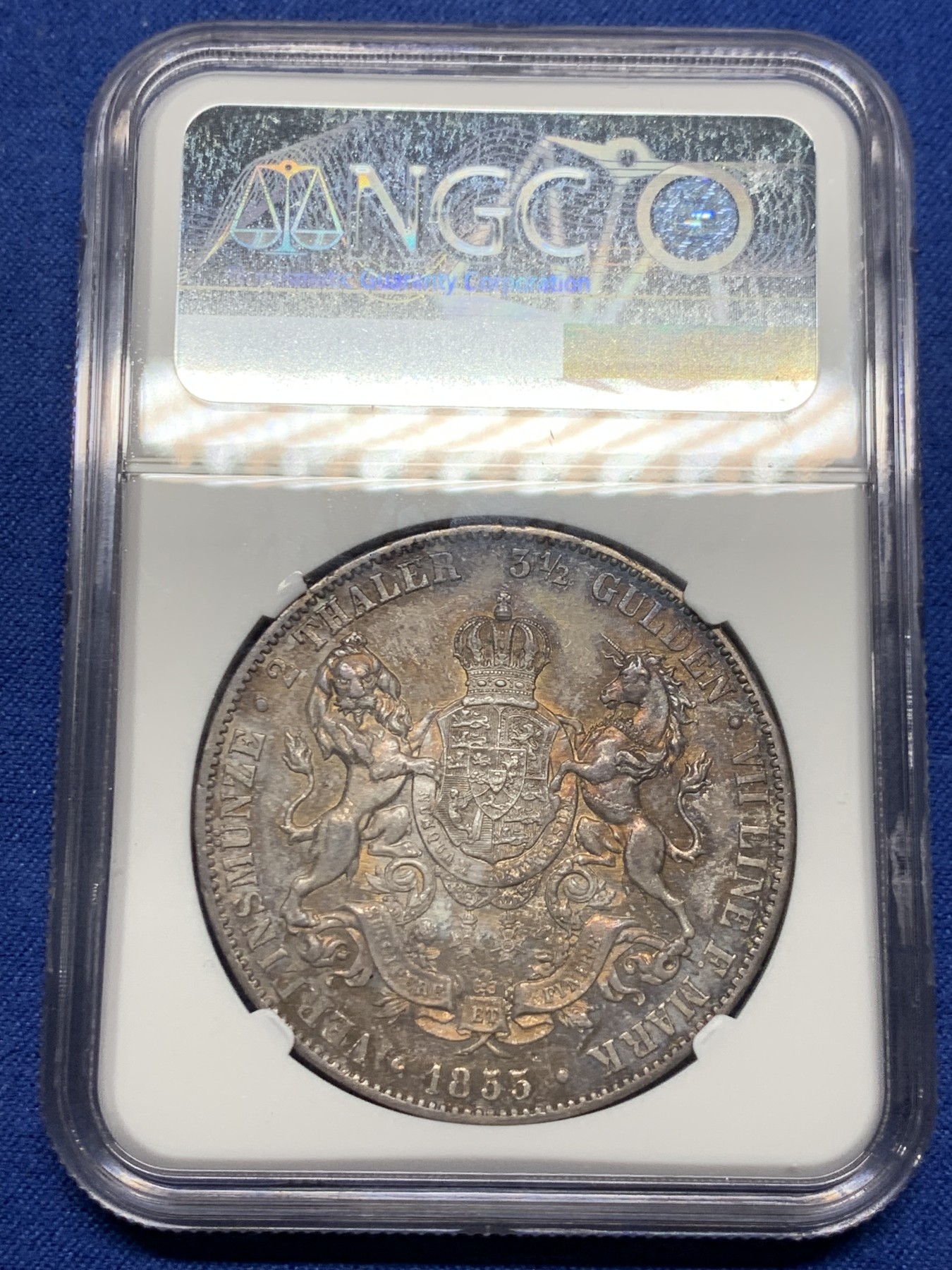 《竞宝斋》第240场-周日，周一 年终尾场 (全场包邮) NGC-UNC 德国1855年汉诺威2泰勒大银币 双狮清晰包浆极美 性价比好