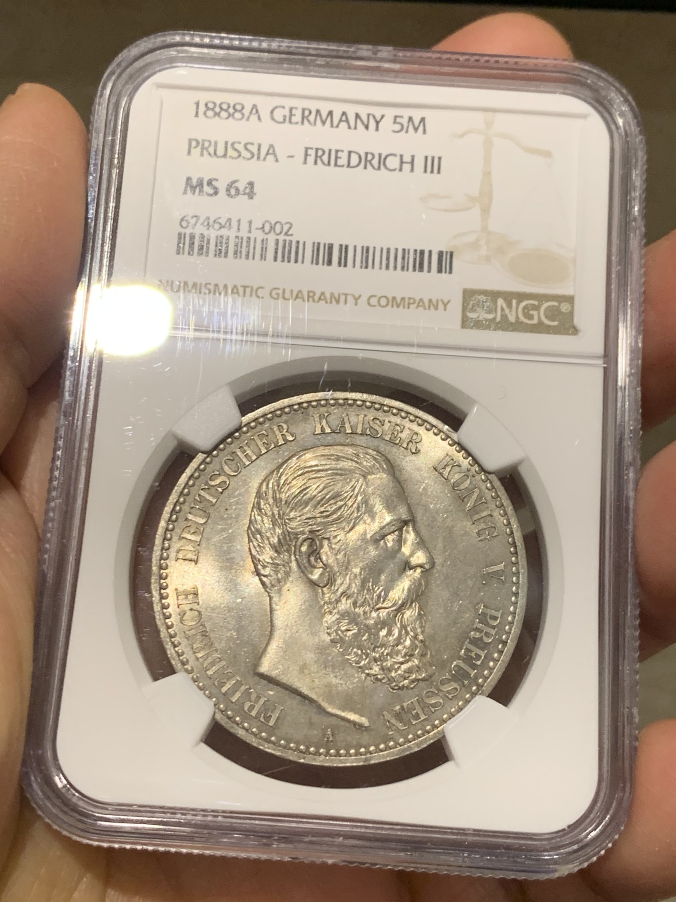 《竞宝斋》第240场-周日，周一 年终尾场 (全场包邮) NGC-MS64 德国 1888 普鲁士腓特烈三世5马克银币 绚丽十字光