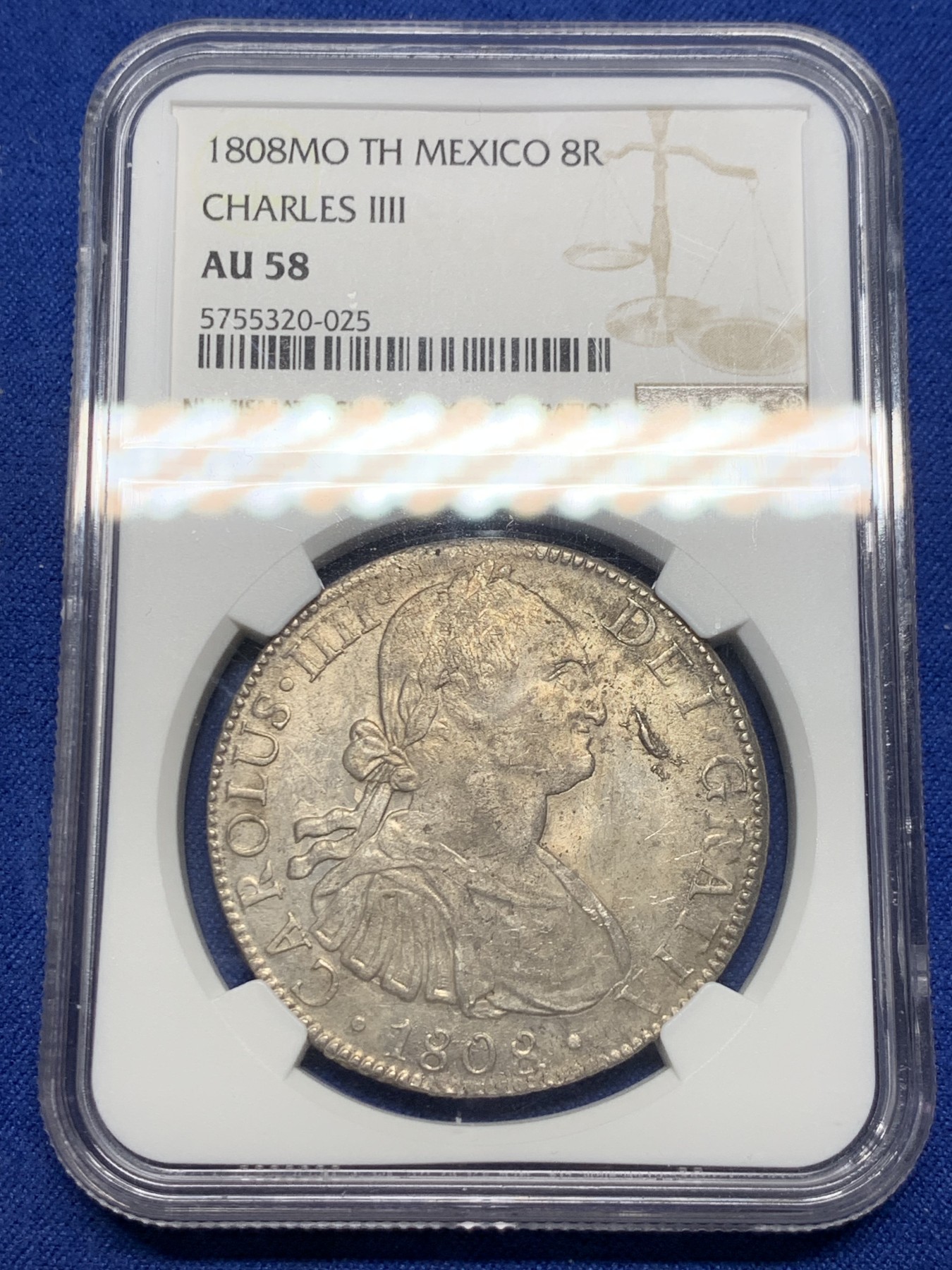 《竞宝斋》第240场-周日，周一 年终尾场 (全场包邮) NGC-AU58 西属墨西哥 1808TH厂卡洛斯四世8里亚尔银币