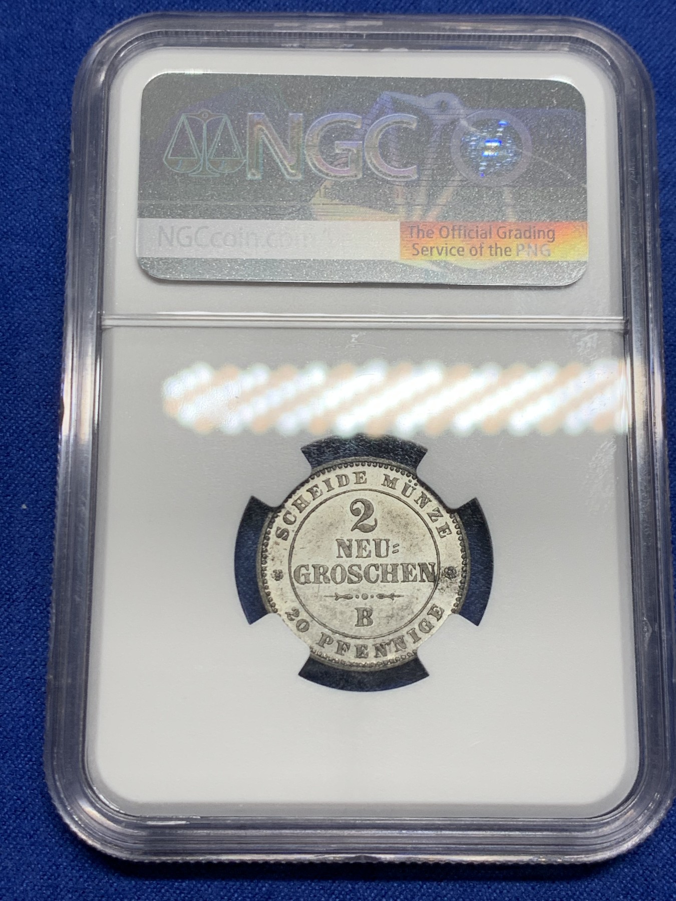 《竞宝斋》第240场-周日，周一 年终尾场 (全场包邮) NGC MS62 德国1863年萨克森2NG银币 PL底板 稀少品种 不容错过