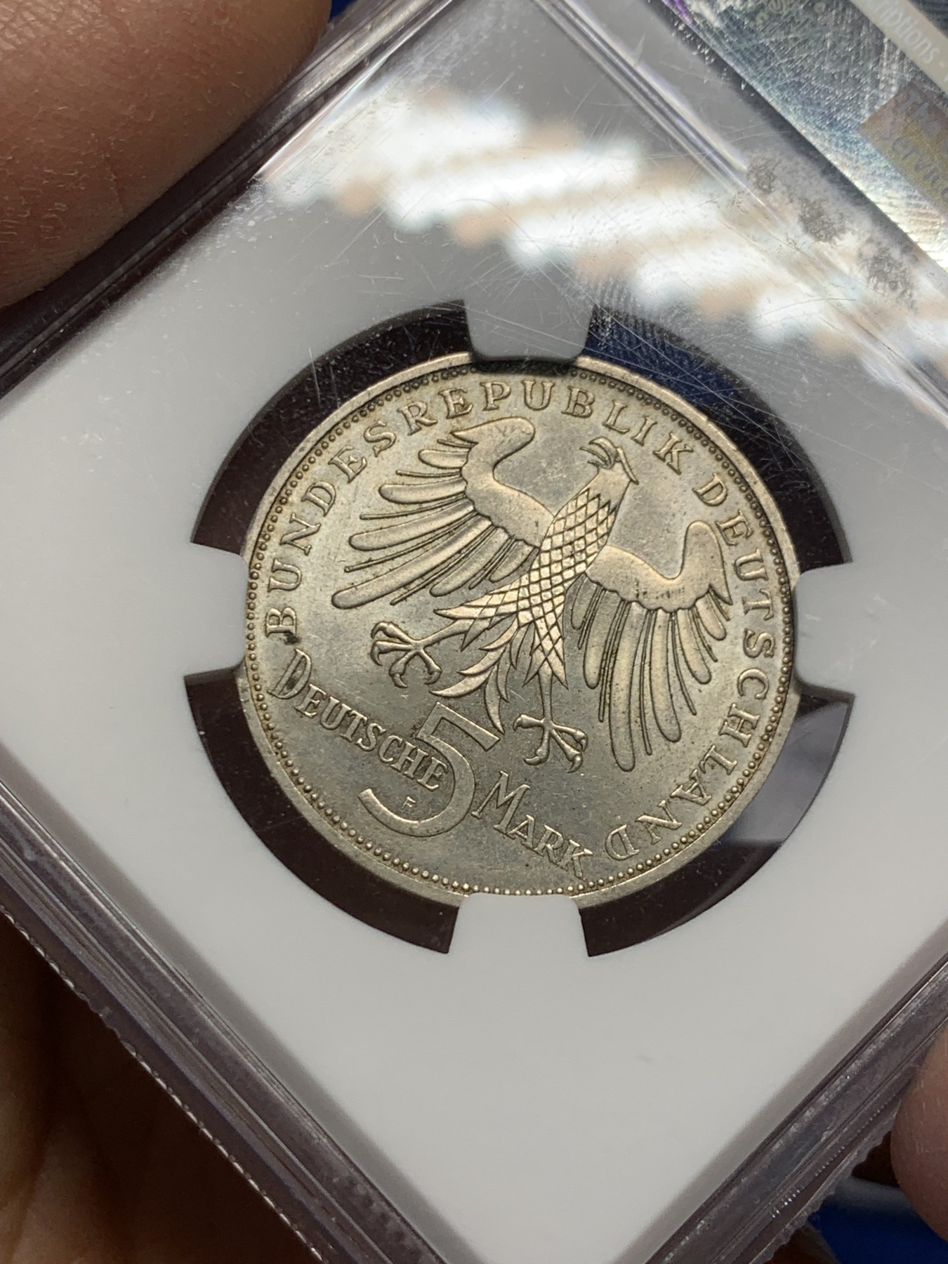 《竞宝斋》第240场-周日，周一 年终尾场 (全场包邮) NGC MS63 1955年联邦德国席勒纪念5马克银币，西德五大天王之一