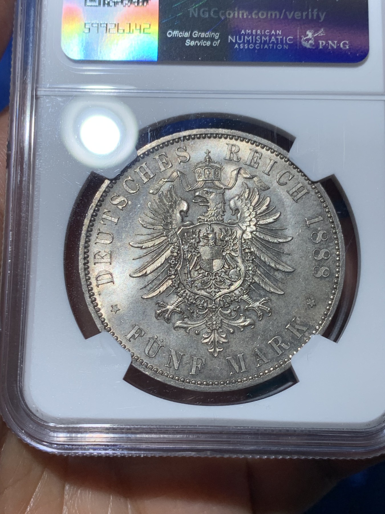 《竞宝斋》第240场-周日，周一 年终尾场 (全场包邮) NGC-MS64 德国 1888 普鲁士腓特烈三世5马克银币 绚丽十字光