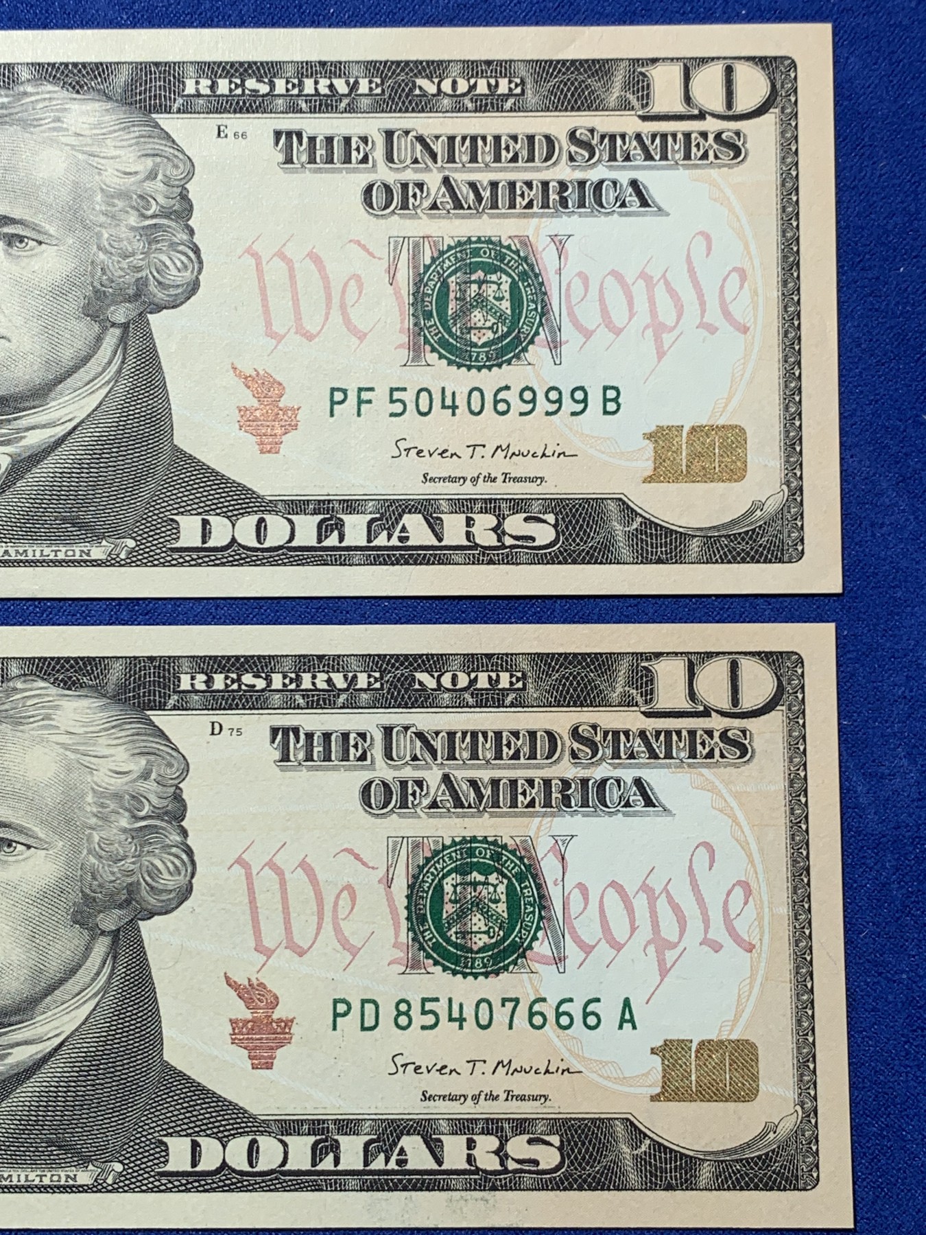 《竞宝斋》第240场-周日，周一 年终尾场 (全场包邮) UNC 美国 2017年 10美元纸币两张 全新EPQ品相 尾666豹子和999豹子 四角尖尖 细节见图