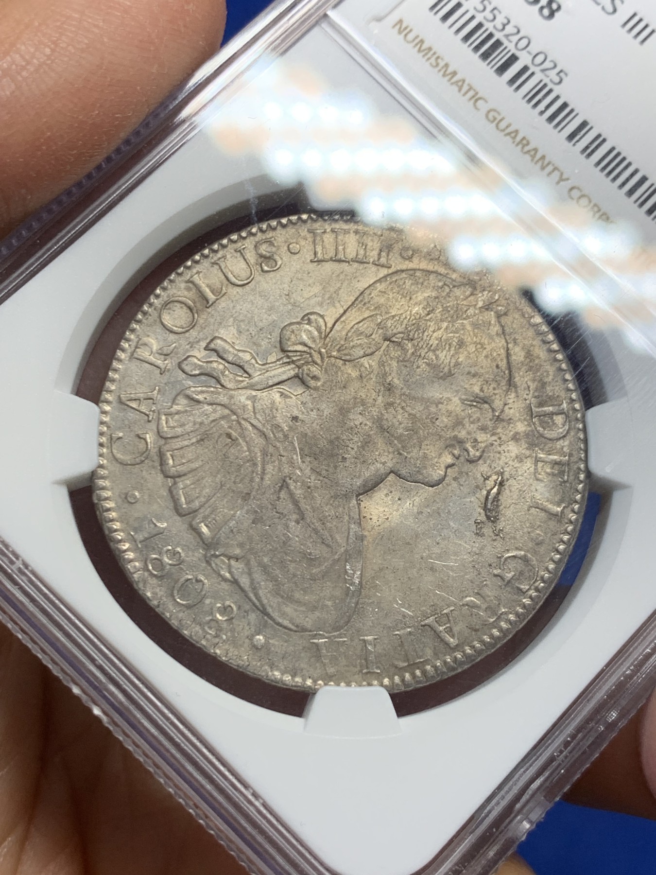 《竞宝斋》第240场-周日，周一 年终尾场 (全场包邮) NGC-AU58 西属墨西哥 1808TH厂卡洛斯四世8里亚尔银币