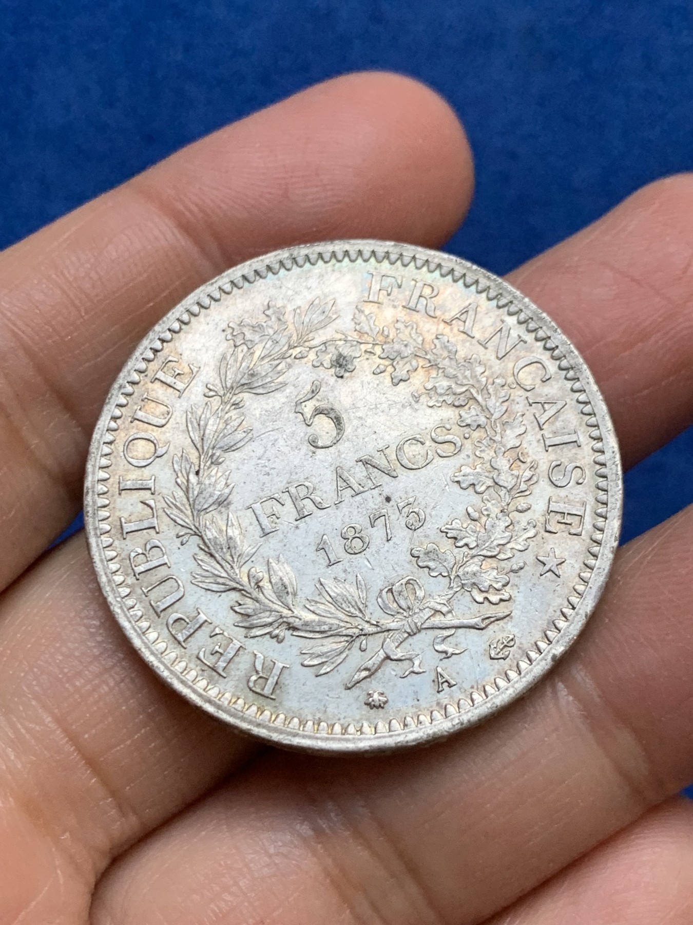 《竞宝斋》第240场-周日，周一 年终尾场 (全场包邮) 法国1873大力神5法郎银币 原味包浆 细节好