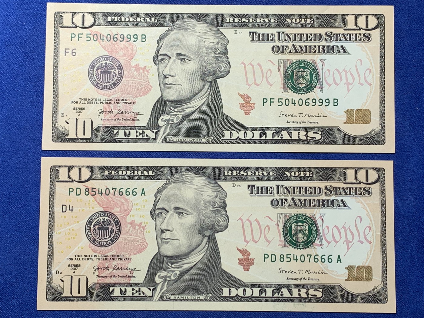 《竞宝斋》第240场-周日，周一 年终尾场 (全场包邮) UNC 美国 2017年 10美元纸币两张 全新EPQ品相 尾666豹子和999豹子 四角尖尖 细节见图