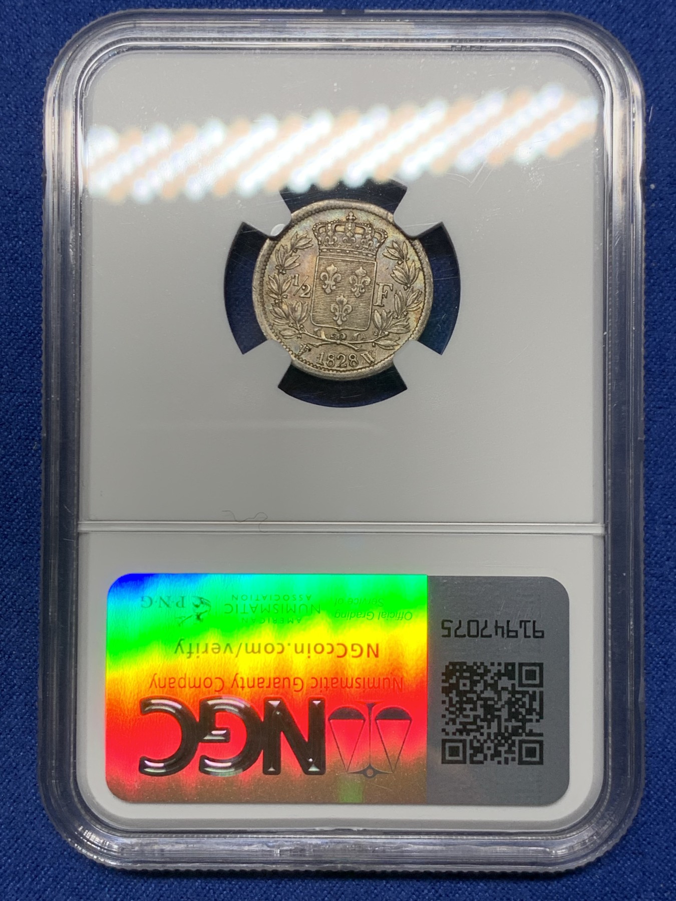 《竞宝斋》第240场-周日，周一 年终尾场 (全场包邮) NGC AU55 法国1828年W版查理十世1/2法郎银币 半法郎好品相稀有 原味老五彩