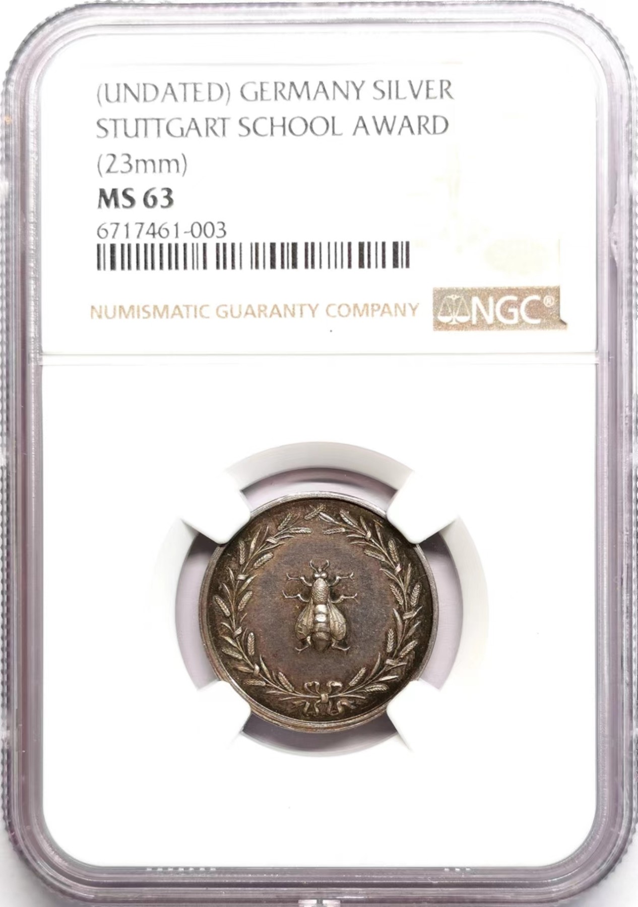 凡希社世界钱币微拍第二百六十期 十九世纪德国斯图加特学院银质奖章-昆虫NGC-MS63