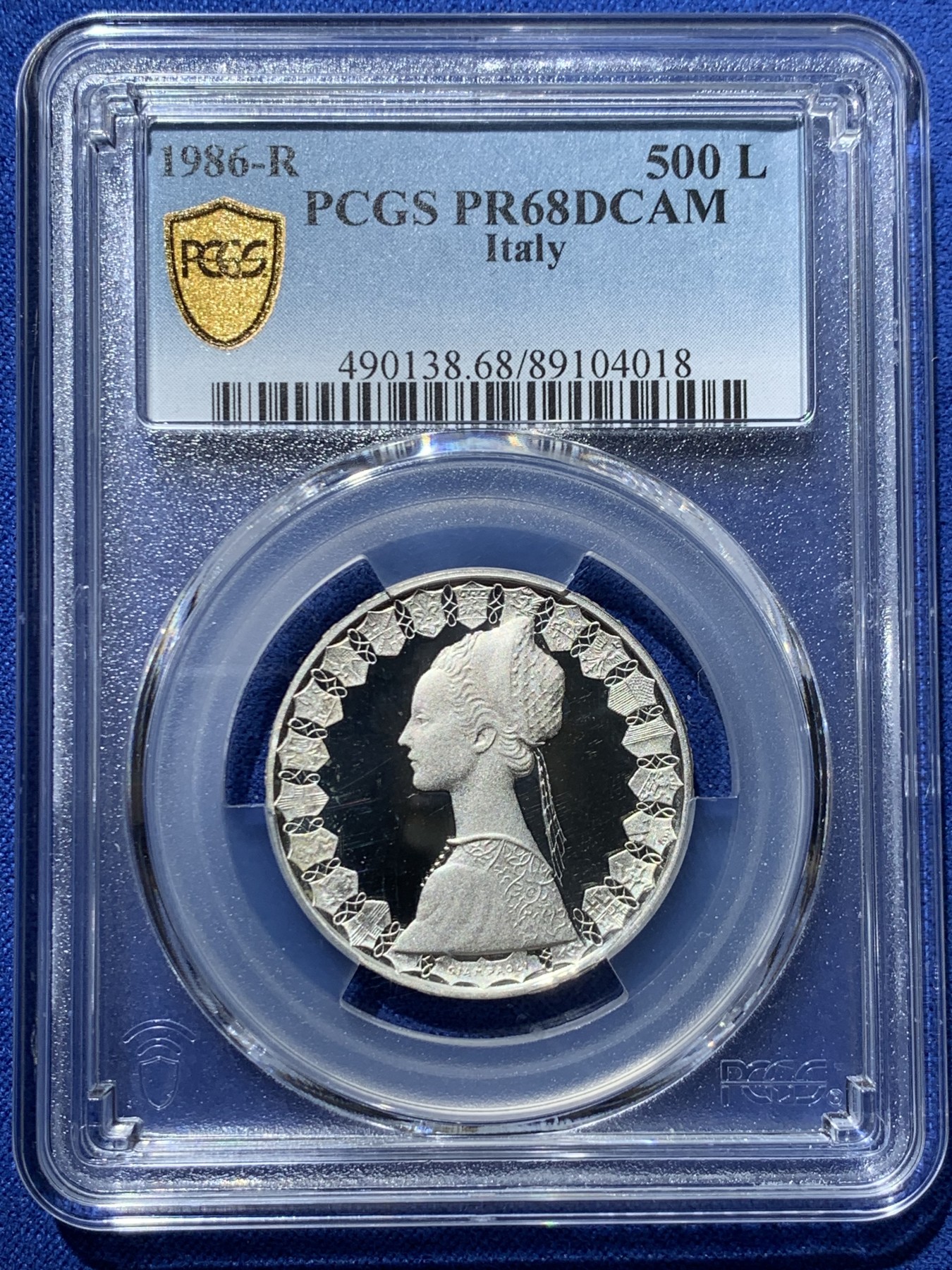 《竞宝斋》第240场-周日，周一 年终尾场 (全场包邮) 亚军分 PCGS-PR68DCAM 意大利 1986年 精制 帆船少女 500里拉 霜光十足