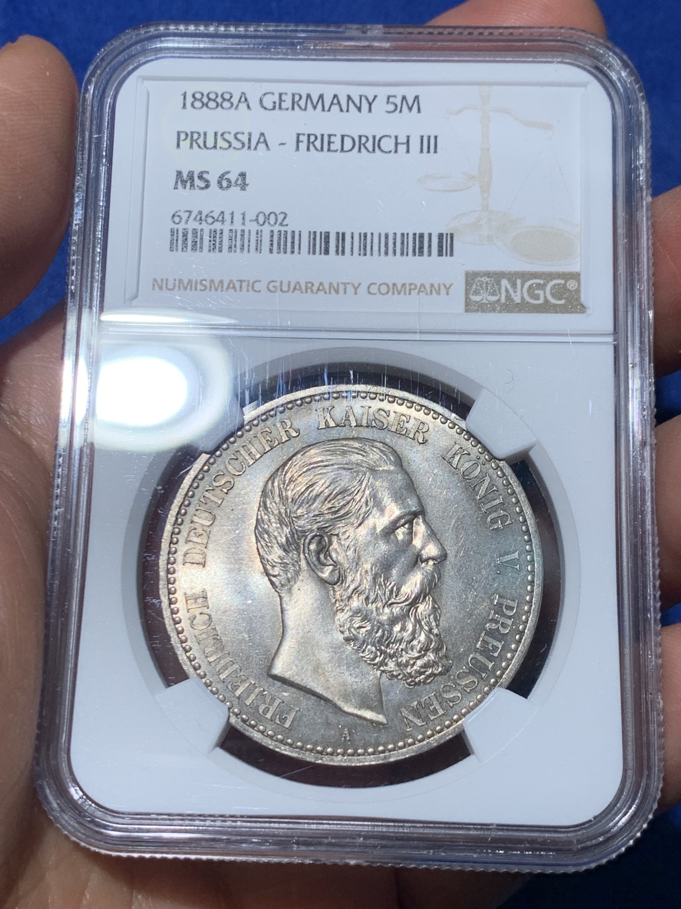 《竞宝斋》第240场-周日，周一 年终尾场 (全场包邮) NGC-MS64 德国 1888 普鲁士腓特烈三世5马克银币 绚丽十字光