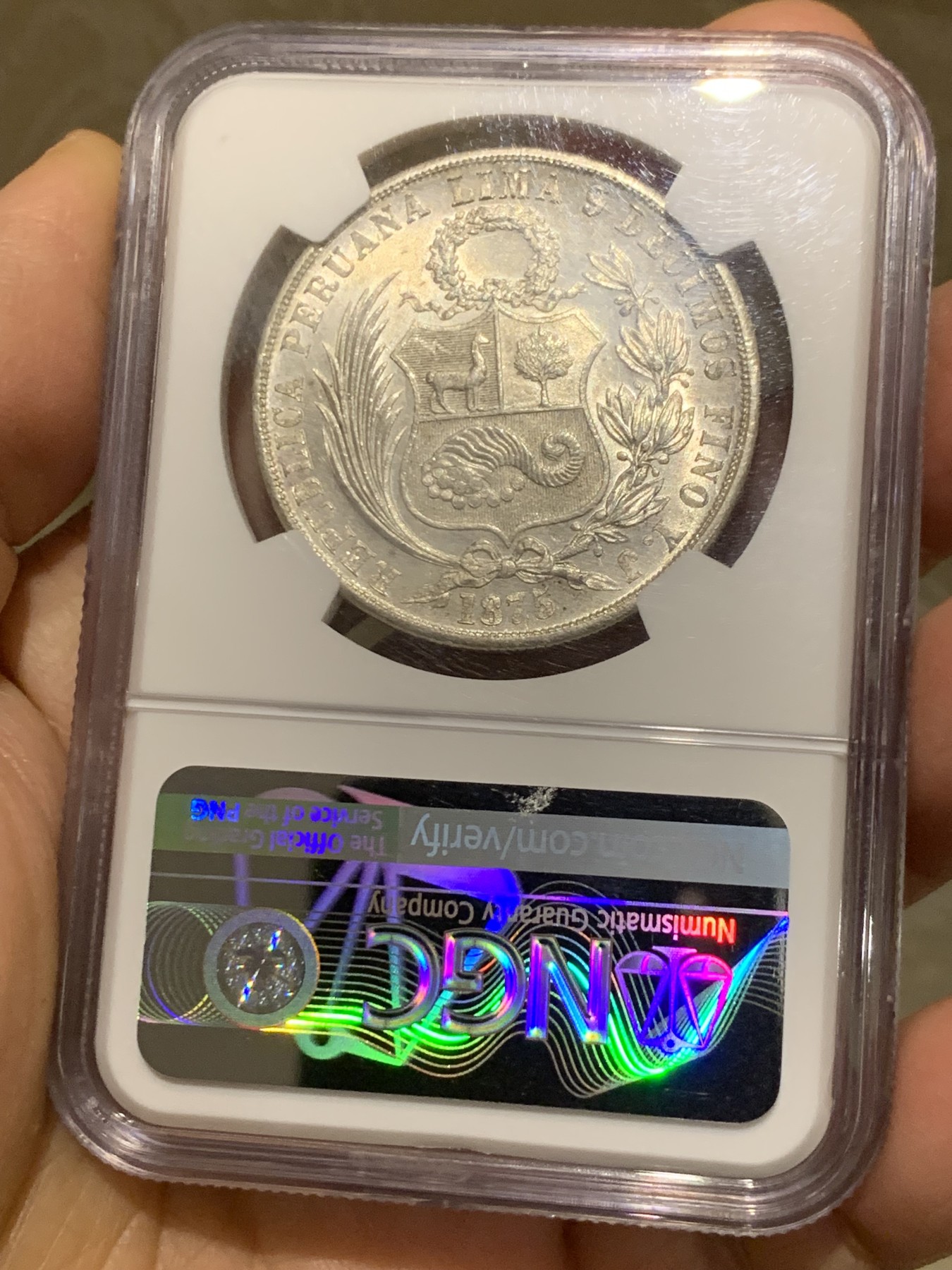 《竞宝斋》第240场-周日，周一 年终尾场 (全场包邮) NGC MS64 秘鲁1875年1索尔 早期高银版 高分