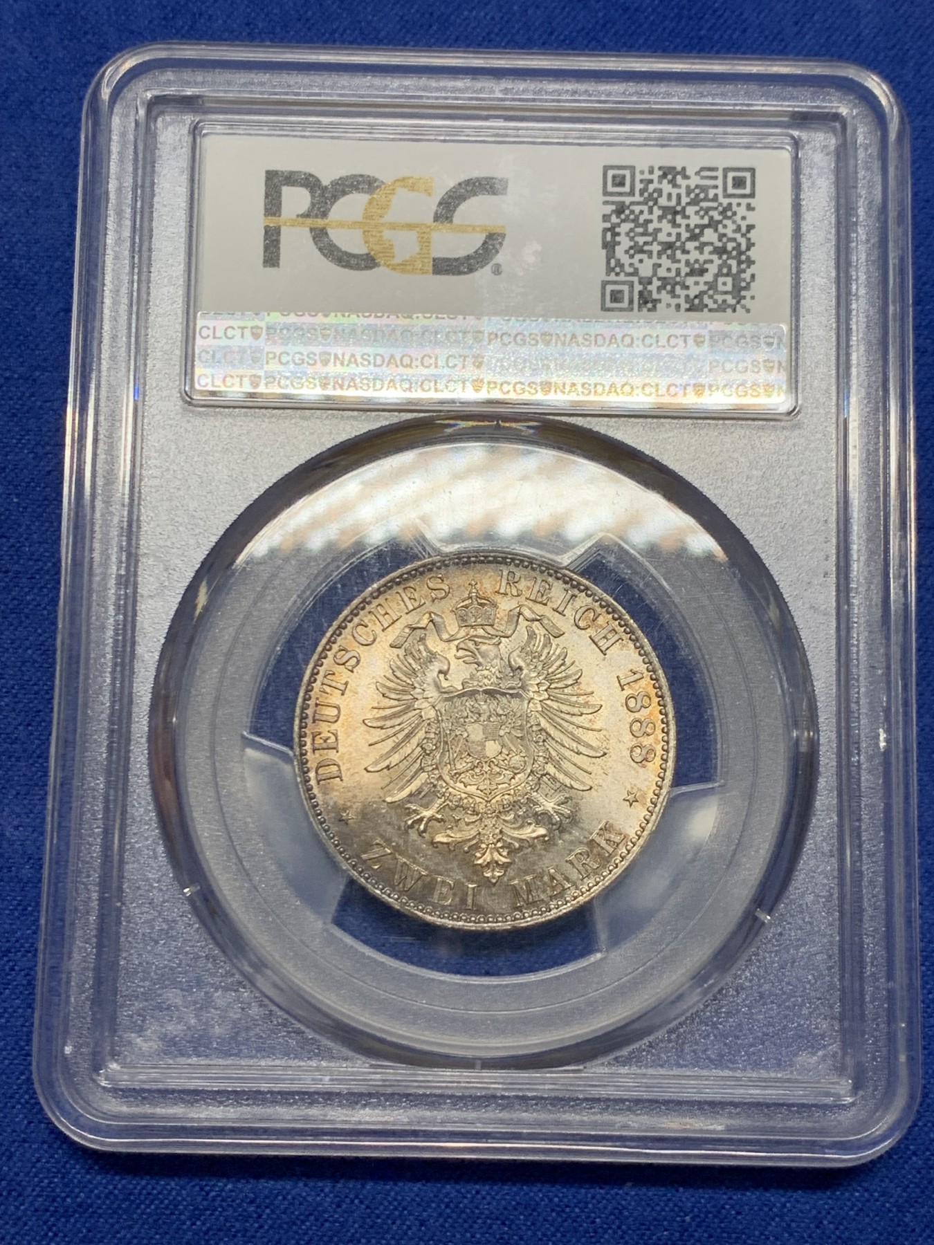 《竞宝斋》第240场-周日，周一 年终尾场 (全场包邮) PCGS-MS66+ 德国普鲁士1888三皇年弗里德里希三世短翅鹰2马克银币，高分难得，转光强烈。