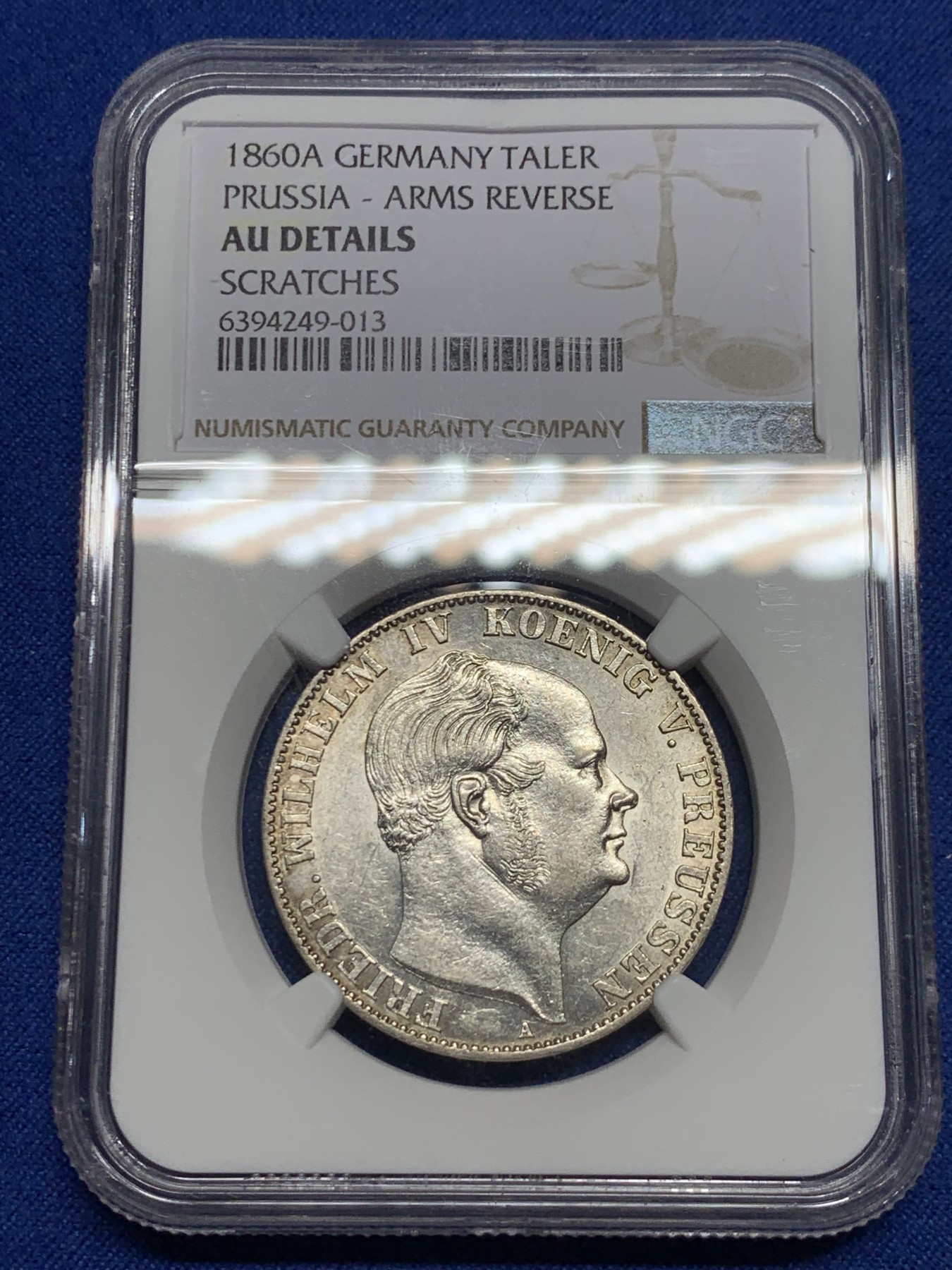 《竞宝斋》第240场-周日，周一 年终尾场 (全场包邮) NGC AUD 1860年德国普鲁士威廉四世洋葱头1泰勒银币，品相很好，细节见图