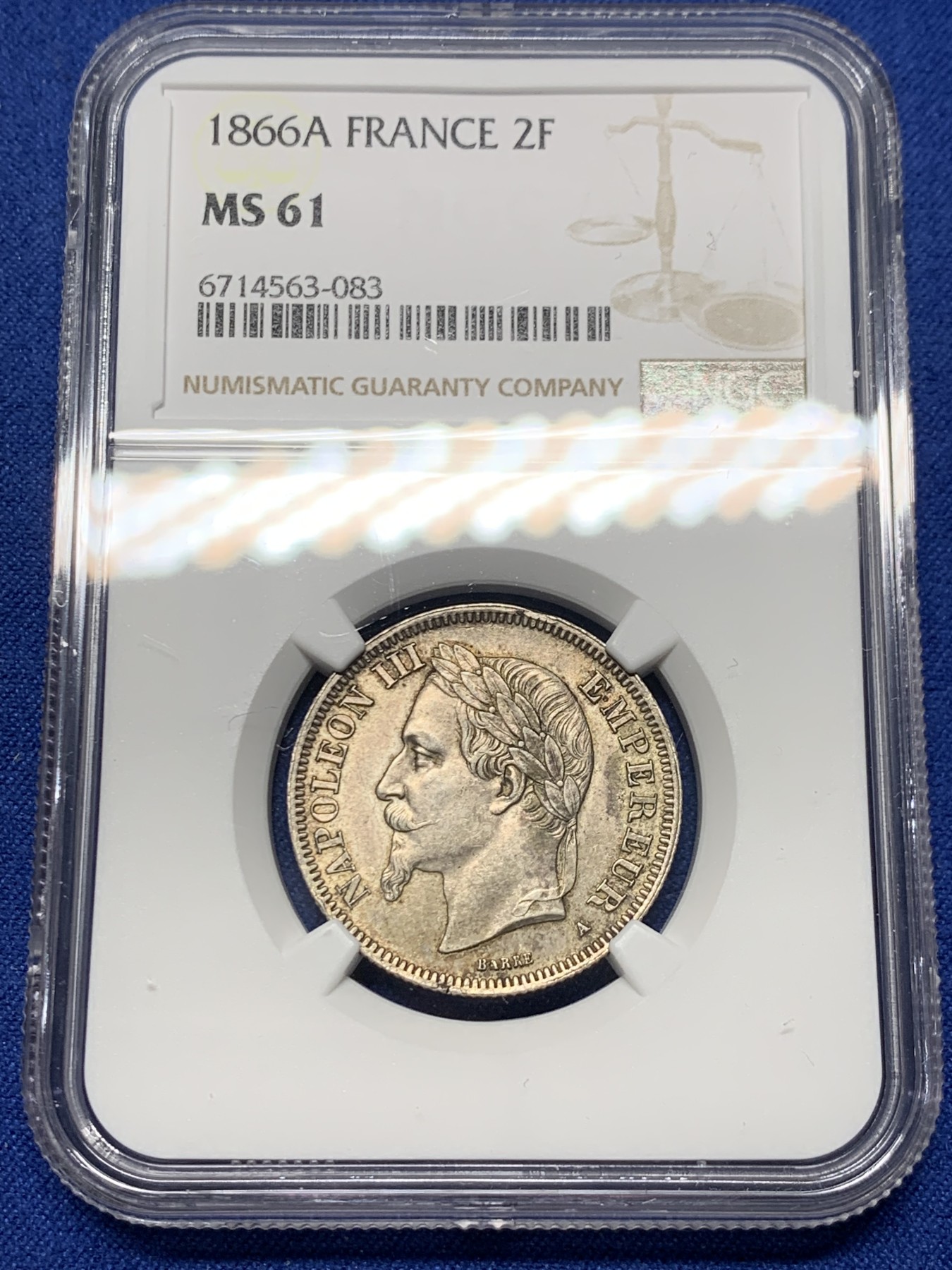 《竞宝斋》第240场-周日，周一 年终尾场 (全场包邮) NGC MS61 1866年A版法国拿破仑三世2法郎银币 少见面值 很难有ms品 比5法郎少很多