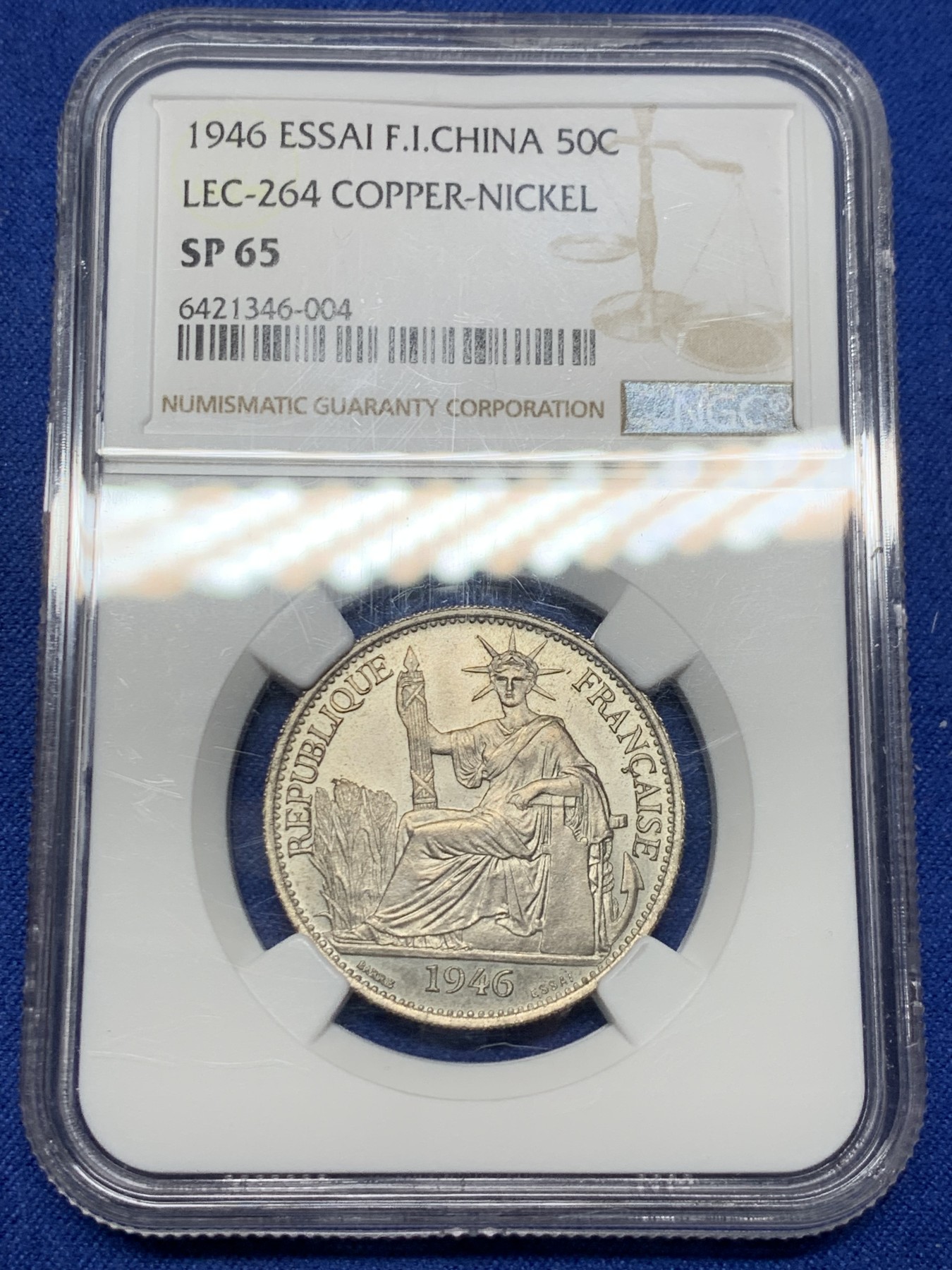《竞宝斋》第240场-周日，周一 年终尾场 (全场包邮) NGC SP65 收藏级高分季军分 1946年法属印支坐洋50分镍质样币ESSAI签字版胜利女神，顶级品相，总发行量1100枚，属于座洋大珍名誉品。