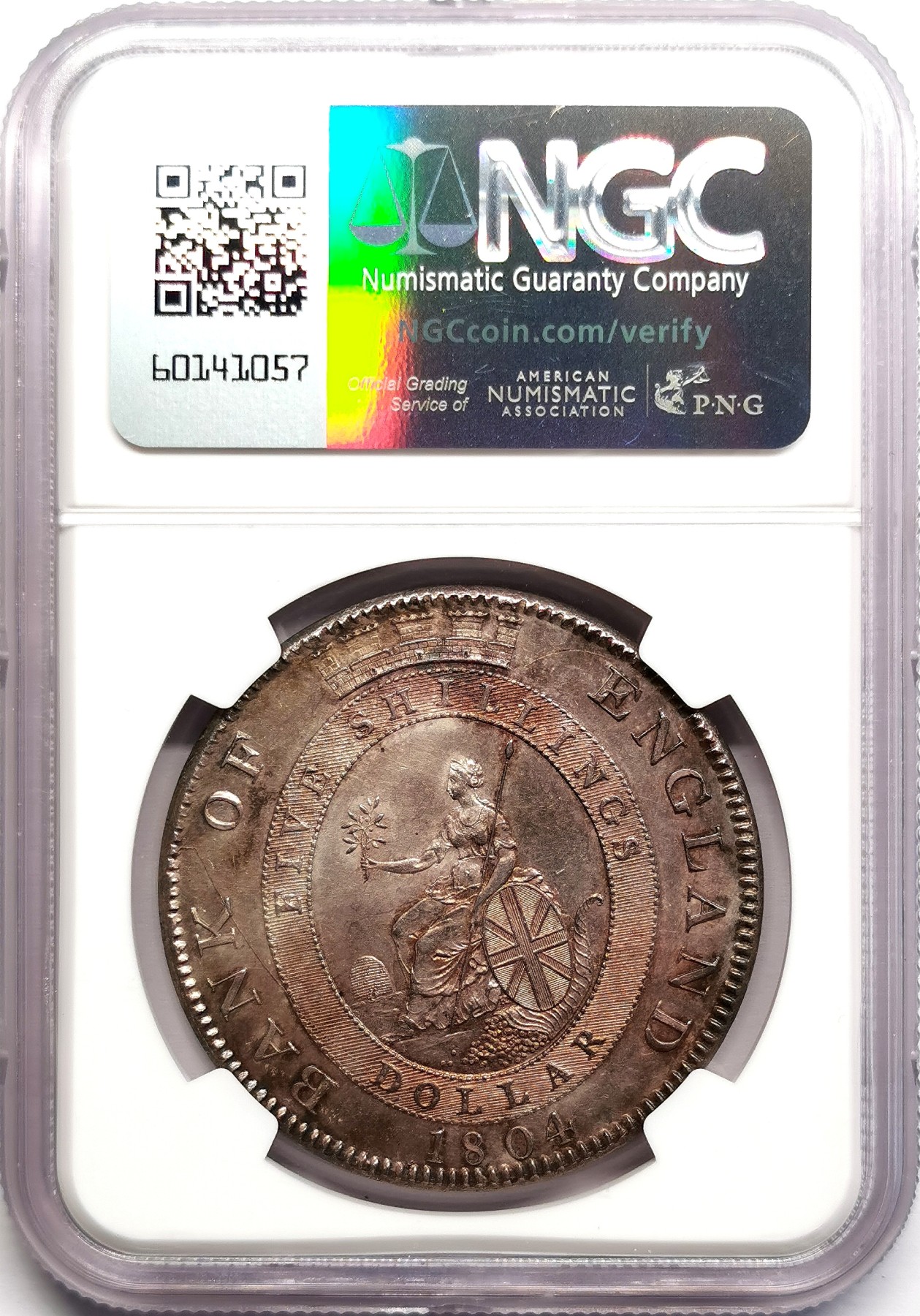 凡希社世界钱币微拍第二百六十期 荐！1804英格兰银行乔三dollars(5先令)大银NGC-MS61 复压在墨西哥双柱上，细节可说完美，双面洋红包浆更添迷人魅力，SOHO出品的具有重要铸造史和货币史价值的样本！ 