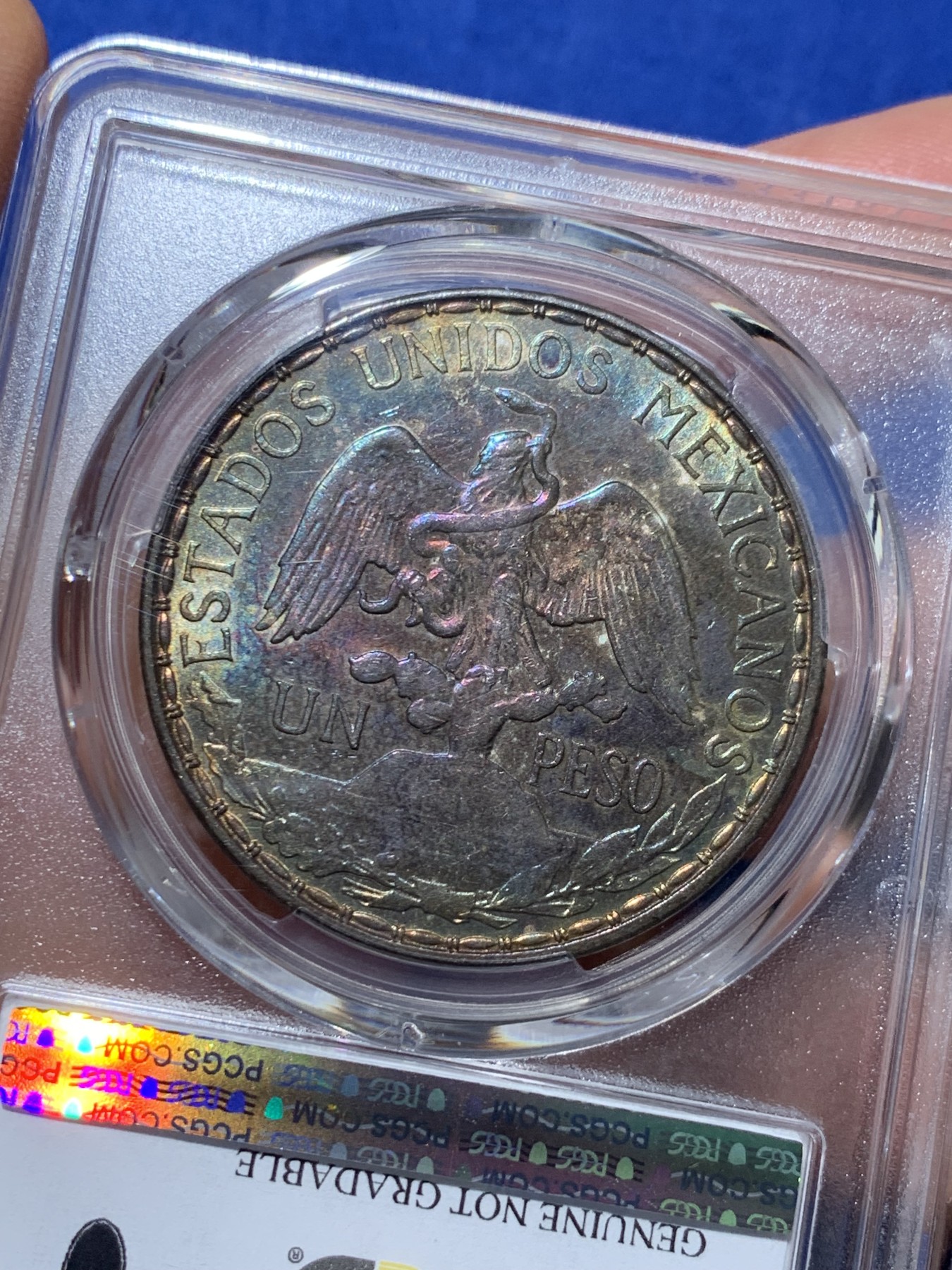 《竞宝斋》第240场-周日，周一 年终尾场 (全场包邮) PCGS UNC 墨西哥1910年骑马鹰洋大银，热门上涨品种，64分成交价近万。绝美炫彩紫金包浆，女神骏马细节出色，性价比极佳的一颗。