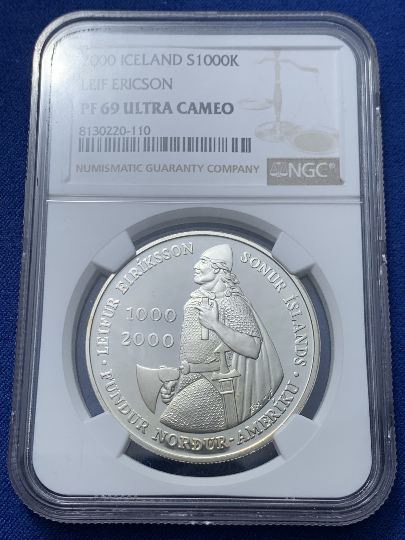 《竞宝斋》第240场-周日，周一 年终尾场 (全场包邮) NGC-PF69UC 冰岛2000年埃里克森发现美洲大陆1000克朗精制银币，和美国埃里克森纪念银币共同联合发行，克劳斯获奖币-最佳历史意义、最佳硬币双项大奖。PROOF精制币，状态好。