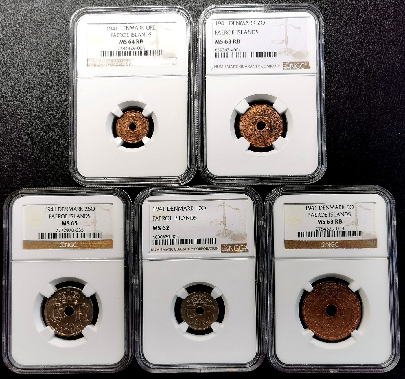 凡希社世界钱币微拍第二百六十期 荐！1941丹属法罗群岛五枚全套NGC-MS62/65 筋币1欧尔亚军，25欧尔冠军分，难得全套MS收藏级品相！