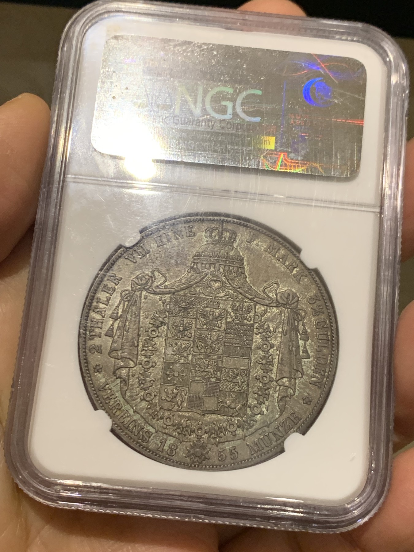 《竞宝斋》第240场-周日，周一 年终尾场 (全场包邮) NGC MS63 德国1855普鲁士 洋葱头 2泰勒大窗帘银币 老盒封装双面深彩 均匀的灰绿包浆 难得状态