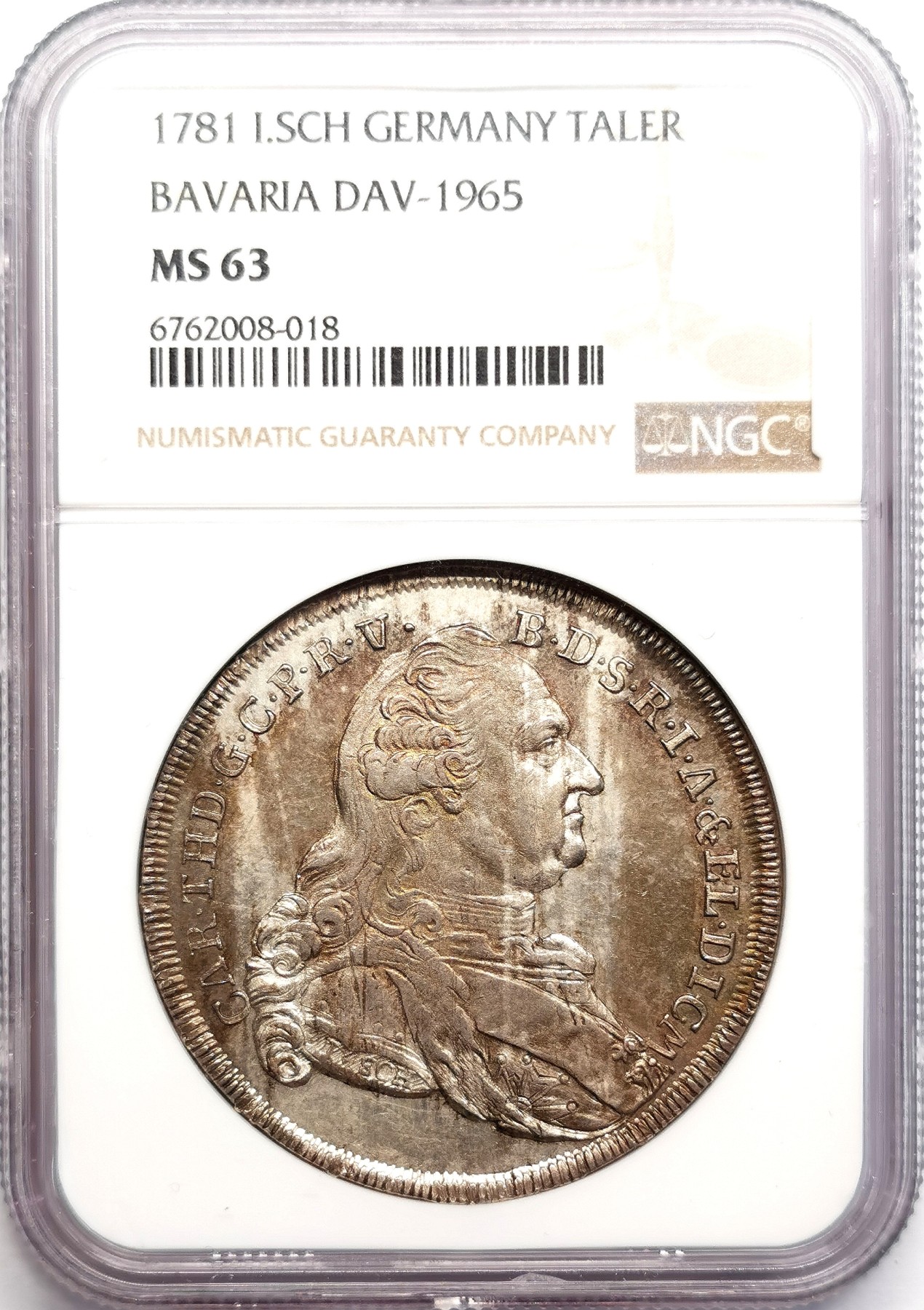 凡希社世界钱币微拍第二百六十期 荐！1781巴伐利亚选侯国卡尔·提奥多背圣母子泰勒大银NGC-MS63，DAV1965，KM#260.3，灰金双色包浆！