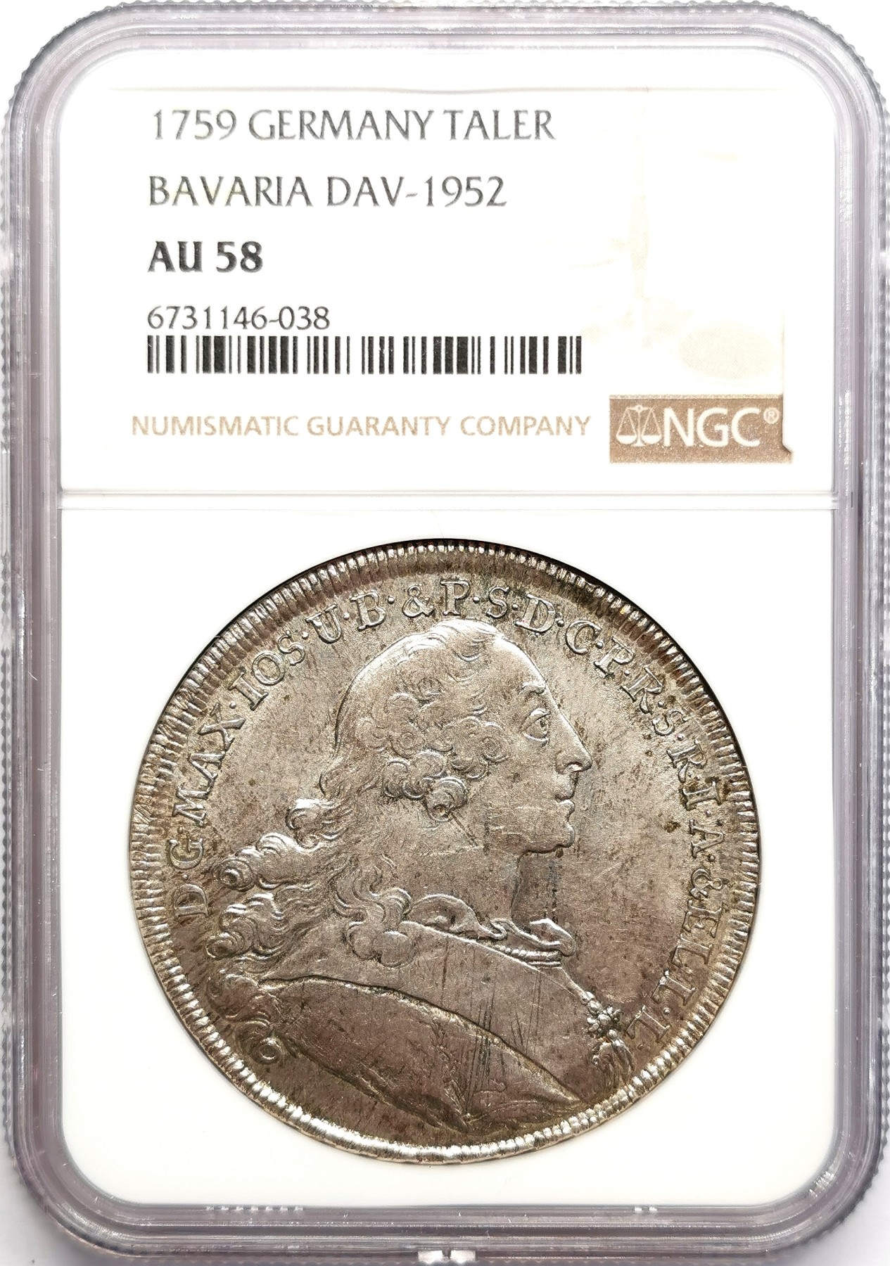 凡希社世界钱币微拍第二百六十期 1759巴伐利亚选侯马克西米利安三世圣母子泰勒大银MGC-AU58，铁灰包浆，印铸细节上佳！
