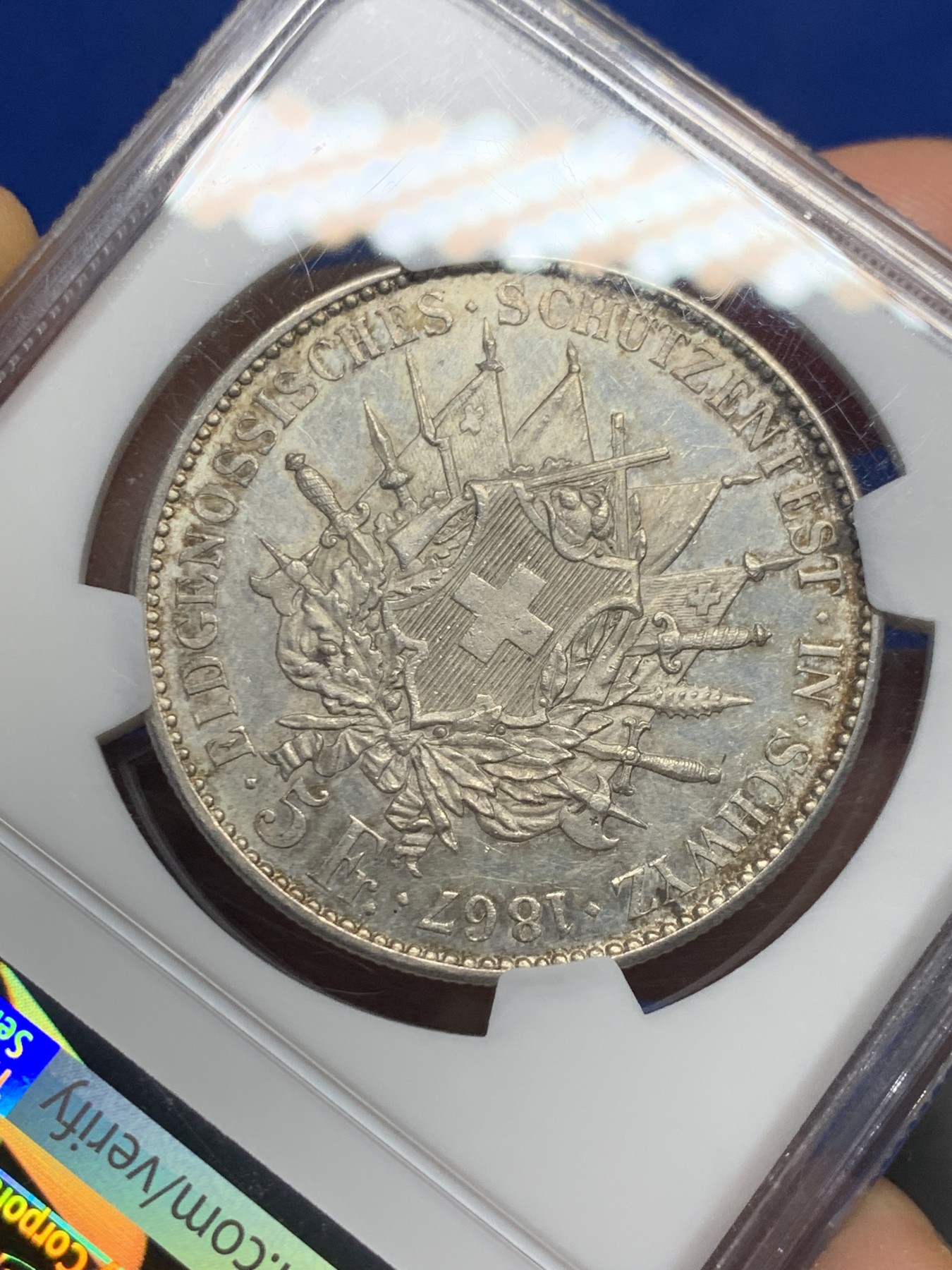 《竞宝斋》第240场-周日，周一 年终尾场 (全场包邮) NGC MS62 瑞士 1867 施维茨射击节 5法郎 银币 8000枚的发行量