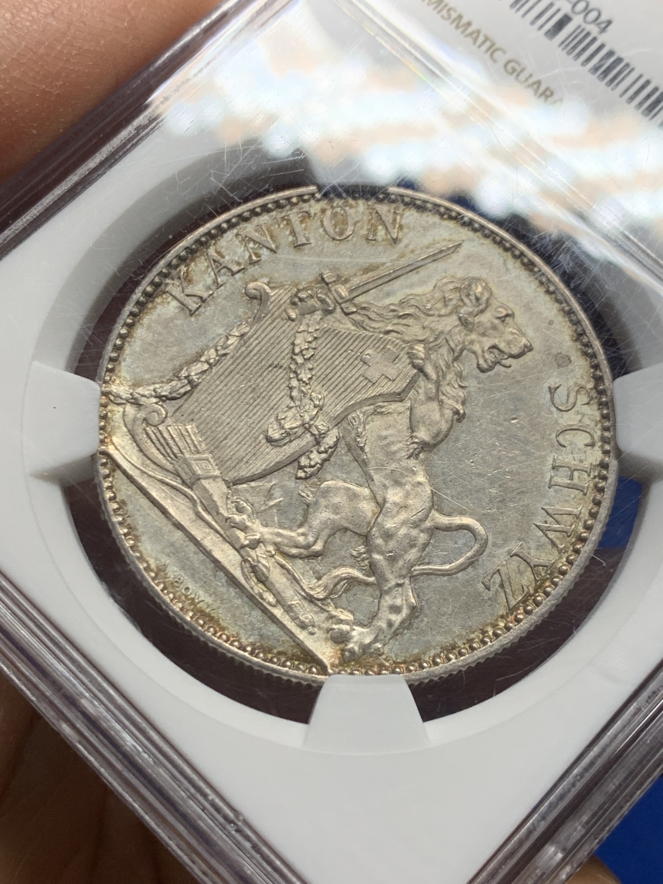 《竞宝斋》第240场-周日，周一 年终尾场 (全场包邮) NGC MS62 瑞士 1867 施维茨射击节 5法郎 银币 8000枚的发行量