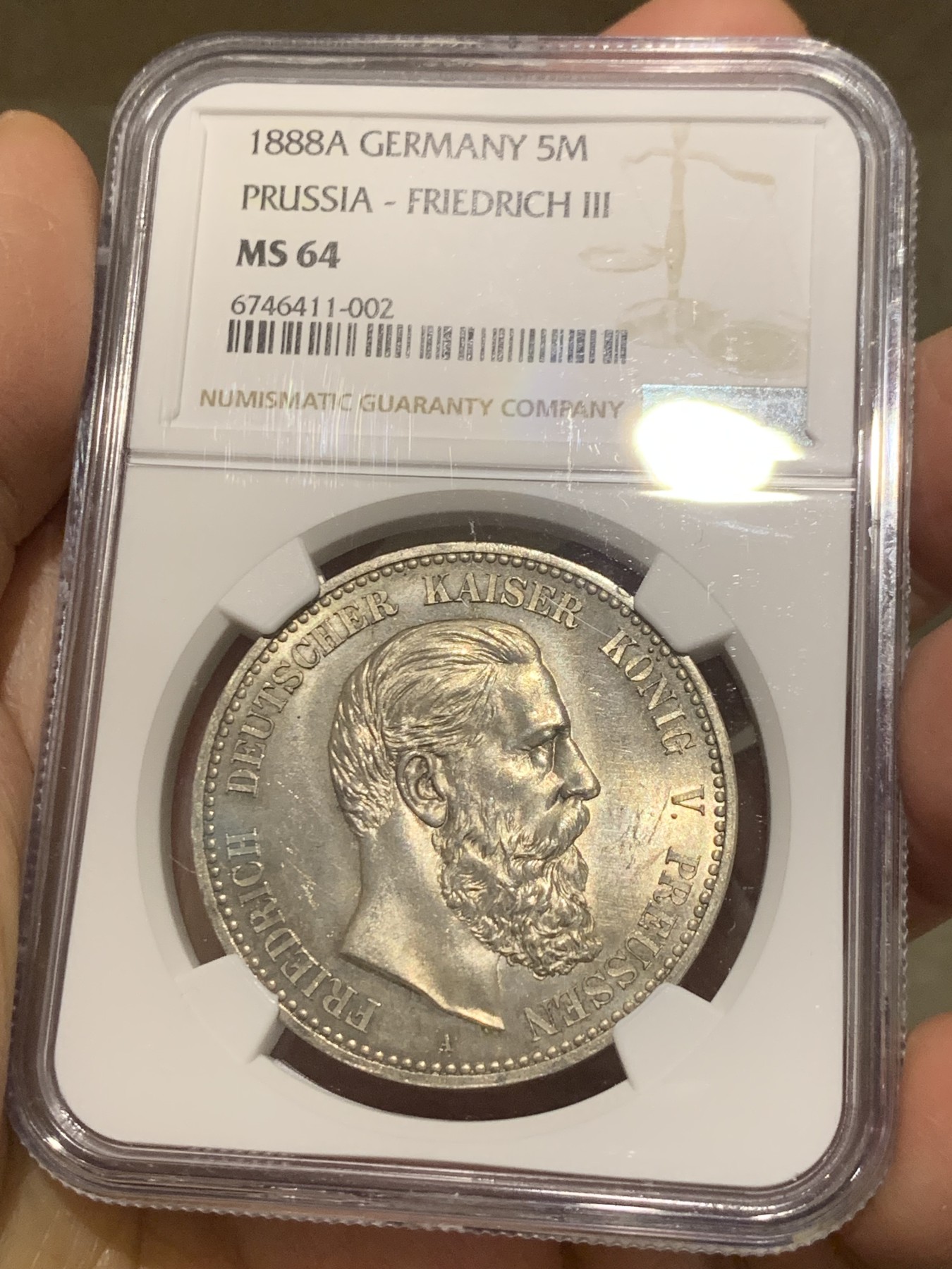 《竞宝斋》第240场-周日，周一 年终尾场 (全场包邮) NGC-MS64 德国 1888 普鲁士腓特烈三世5马克银币 绚丽十字光