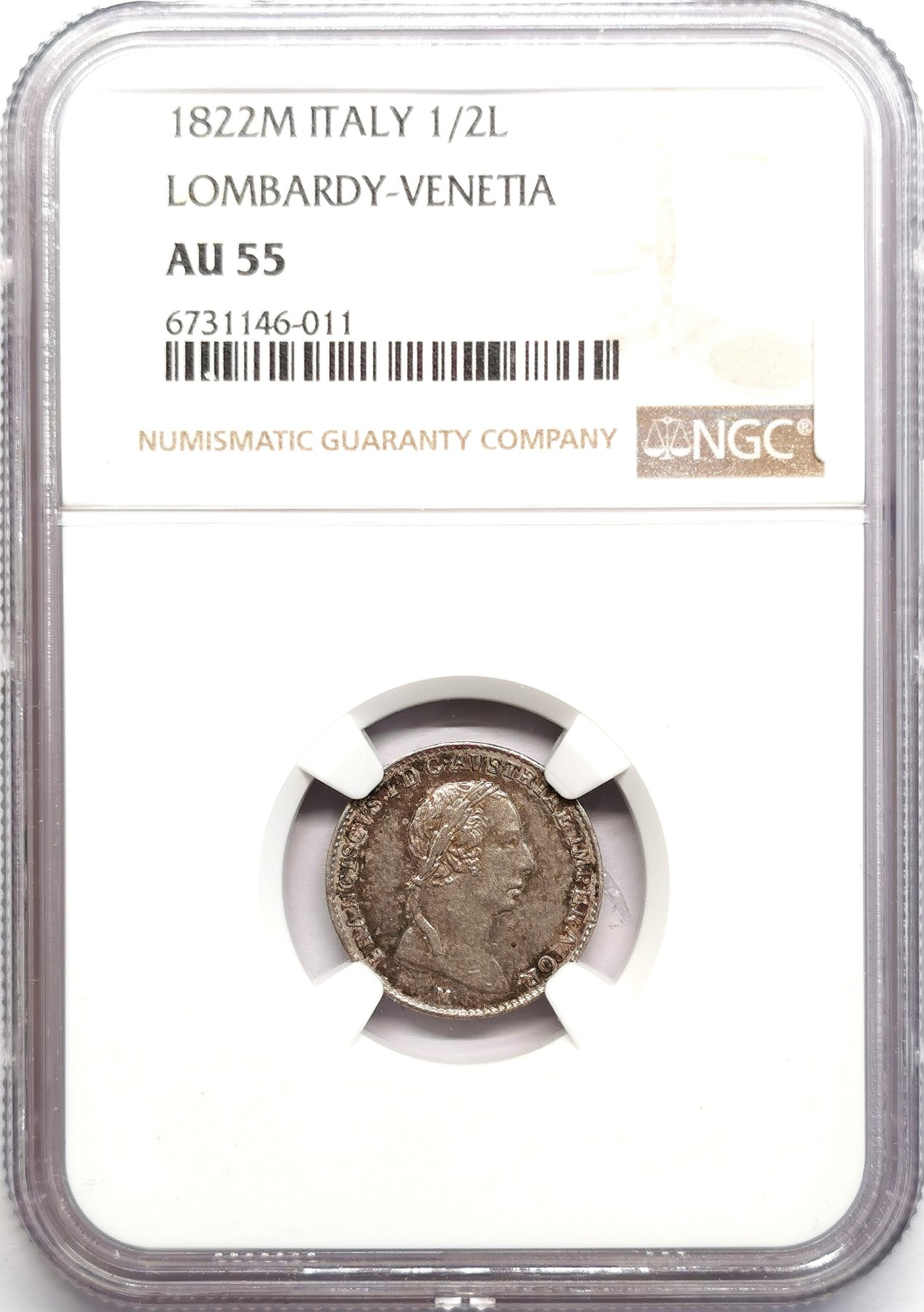 凡希社世界钱币微拍第二百六十期 1822奥治伦巴第1/2里拉银币NGC-AU55