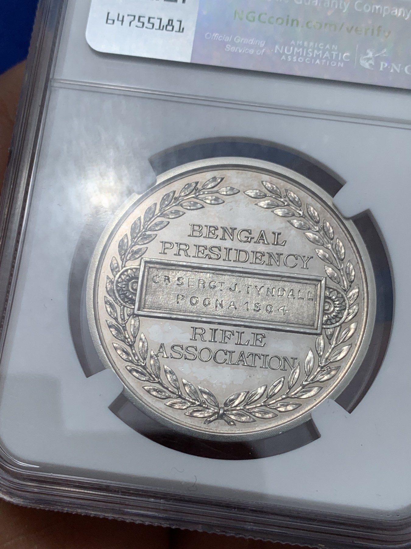 《竞宝斋》第240场-周日，周一 年终尾场 (全场包邮) NGC-UNC 印度1904银章 孟加拉总统步枪协会奖章 行走的老虎 栩栩如生 35mm 带原盒 麦稀奇首见品种