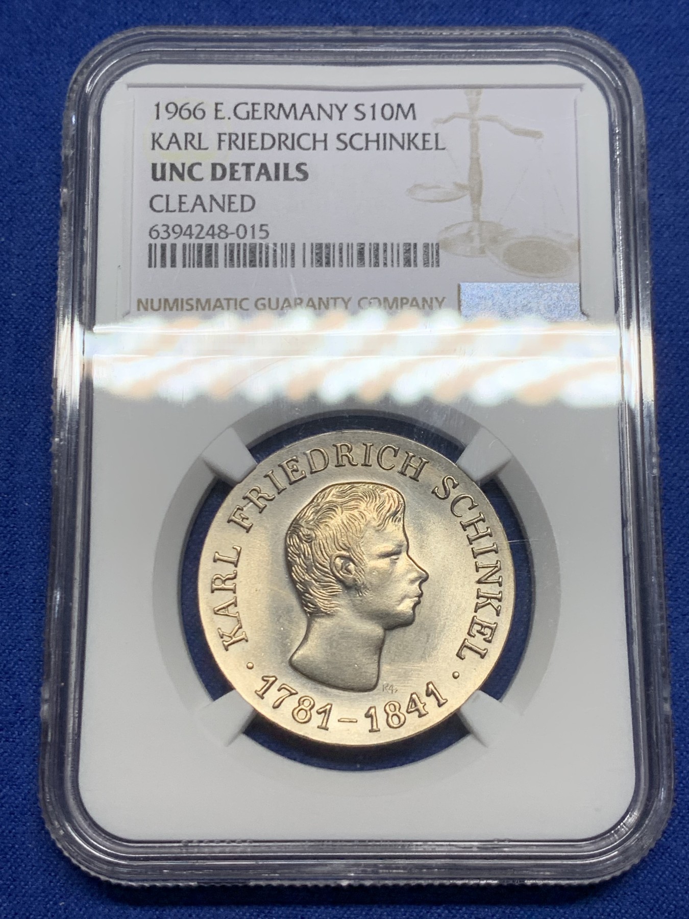 《竞宝斋》第240场-周日，周一 年终尾场 (全场包邮) NGC UNC 1966年民主德国辛克尔纪念10马克银币，东德第一枚纪念银币，少见品种