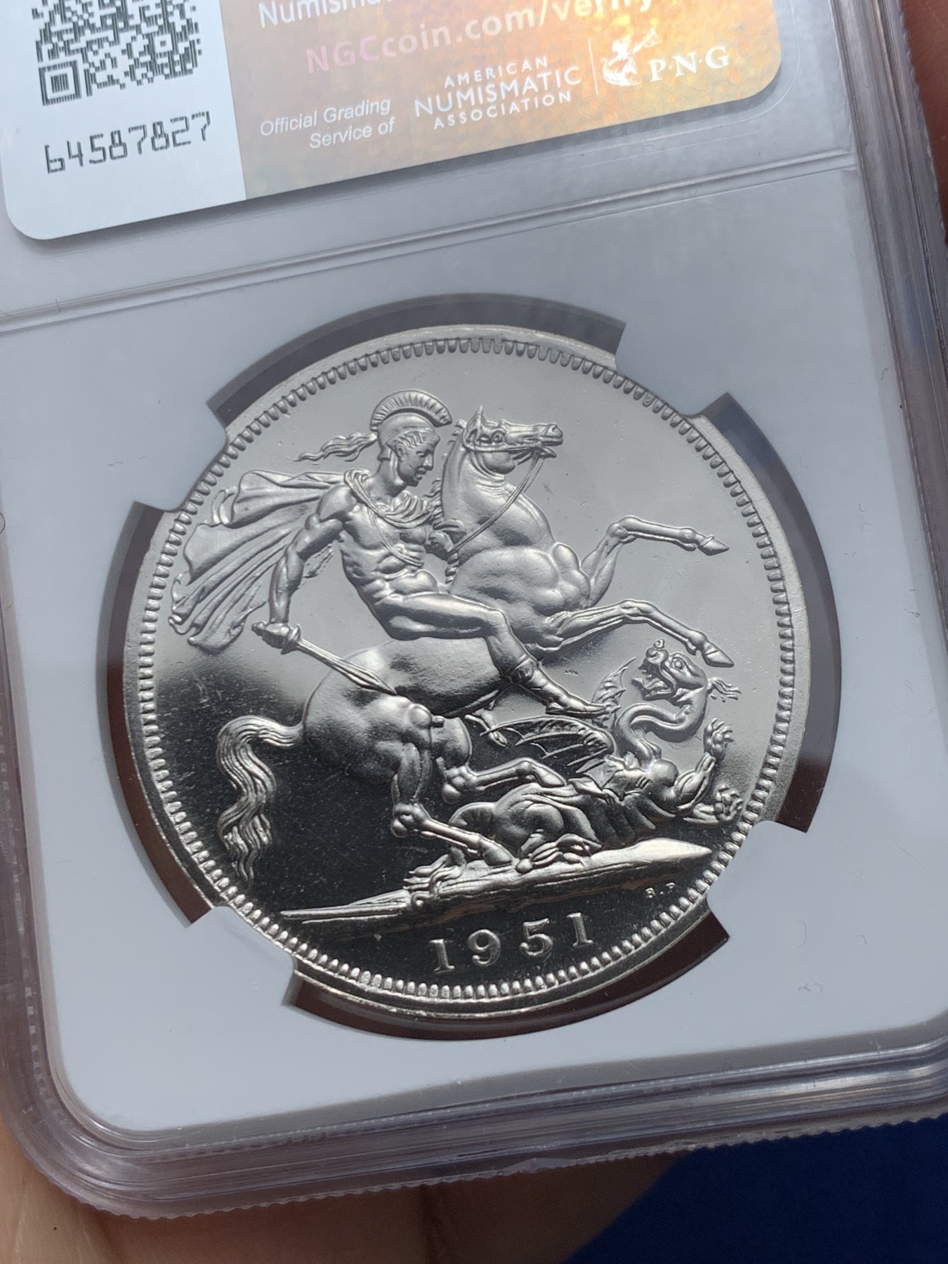 《竞宝斋》第240场-周日，周一 年终尾场 (全场包邮) NGC PL64 英国1951年乔治六世克朗 最后的镍马剑