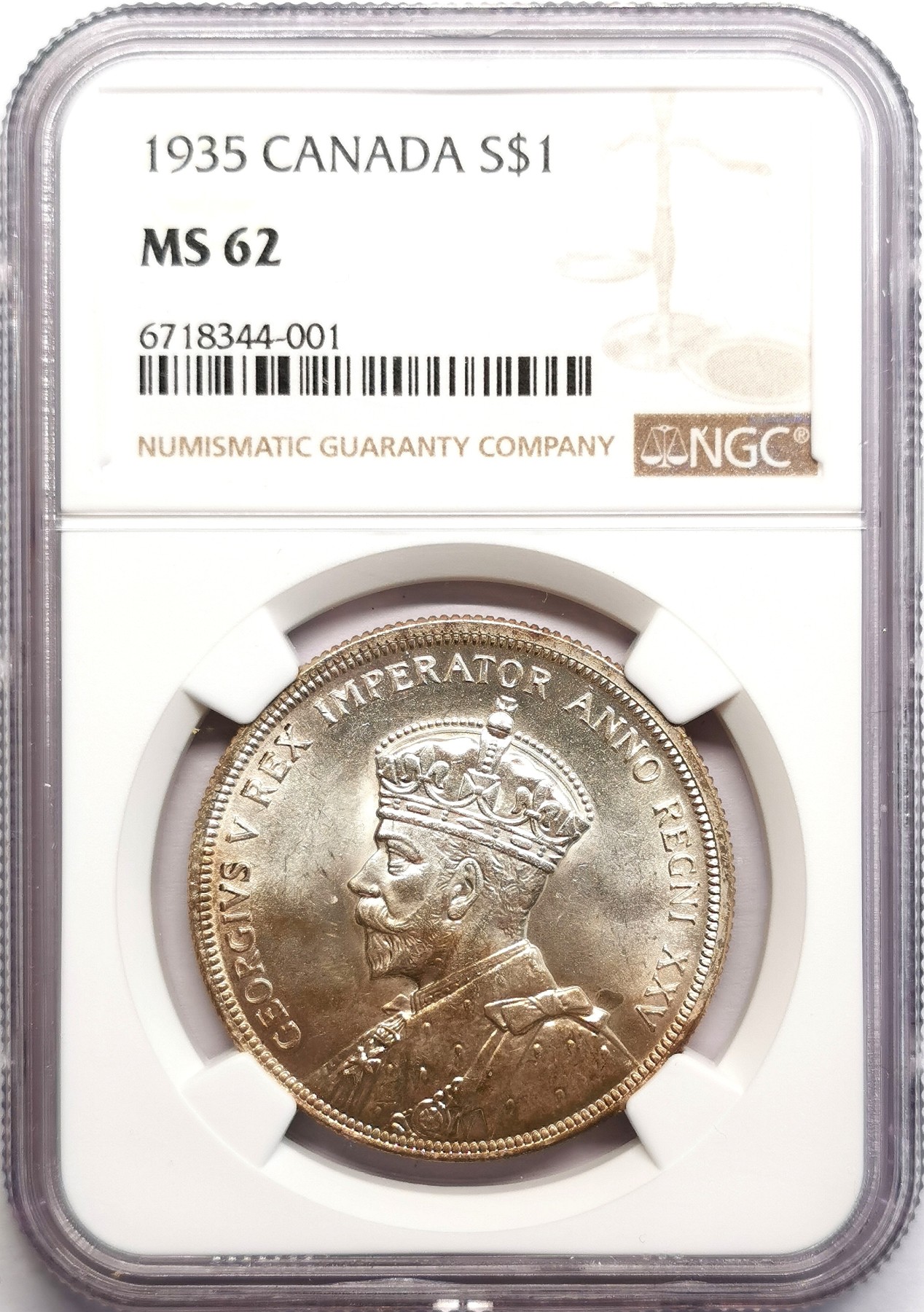 凡希社世界钱币微拍第二百六十期 1935加拿大英王乔治五世加冕25周年纪念Dollar大银NGC-MS63淡彩银光！