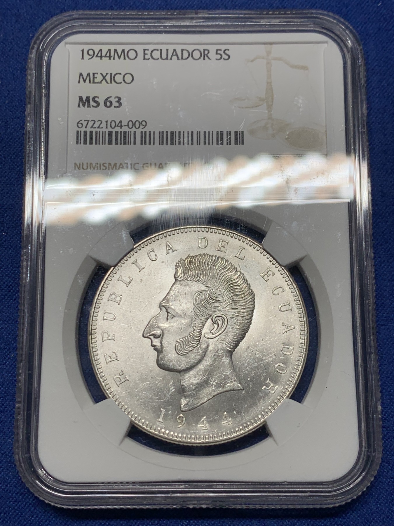 《竞宝斋》第240场-周日，周一 年终尾场 (全场包邮) NGC-MS63 厄瓜多尔 1944年5苏克雷银币 方便面头 卷拆爆光品相 闪闪发亮