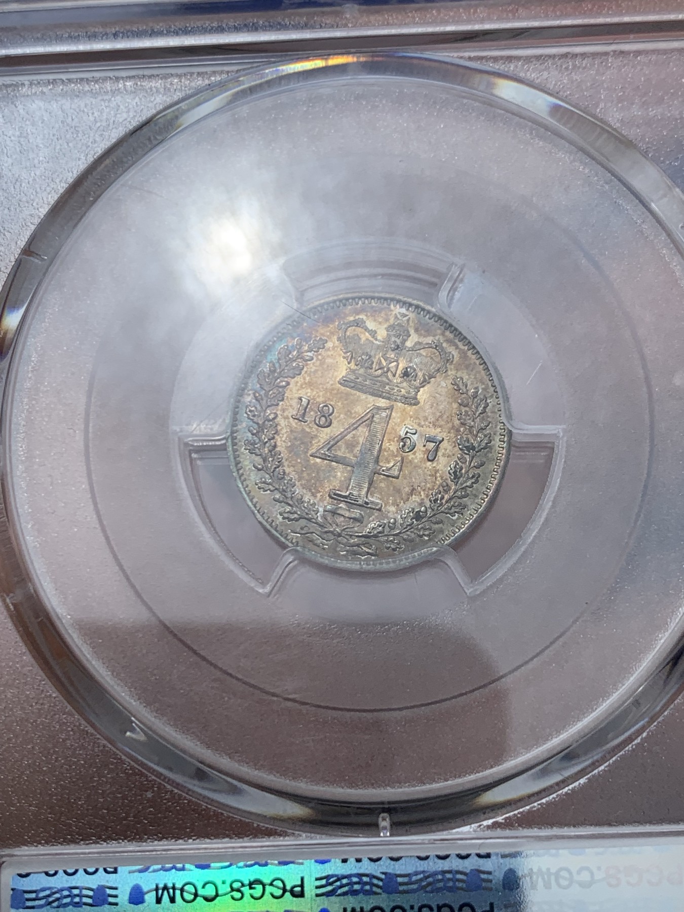 《竞宝斋》第240场-周日，周一 年终尾场 (全场包邮) 4枚一组 PCGS PL63-67 英国1857小维早期濯足币，1D+2D+3D+4D面值，顶级分数PL状态，附送原盒传承有序