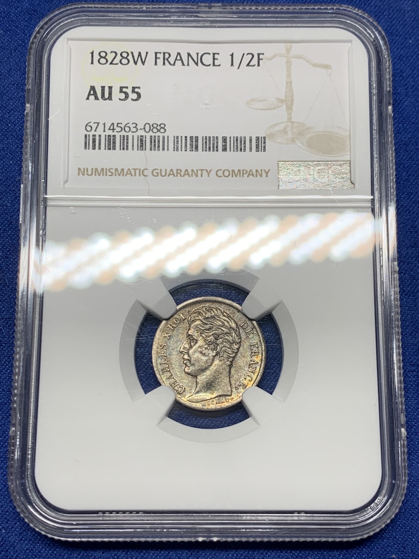《竞宝斋》第240场-周日，周一 年终尾场 (全场包邮) NGC AU55 法国1828年W版查理十世1/2法郎银币 半法郎好品相稀有 原味老五彩